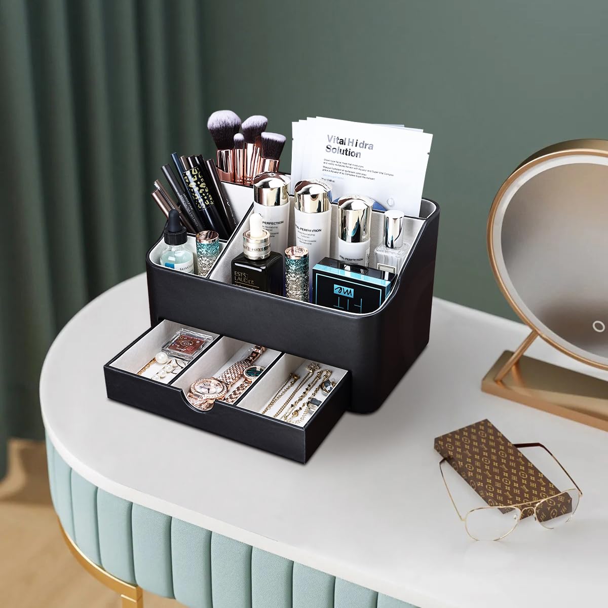 KINGFOM Organizer per trucchi cosmetici, in pelle PU, con cassetto, organizer per tavolo da toeletta (nero)