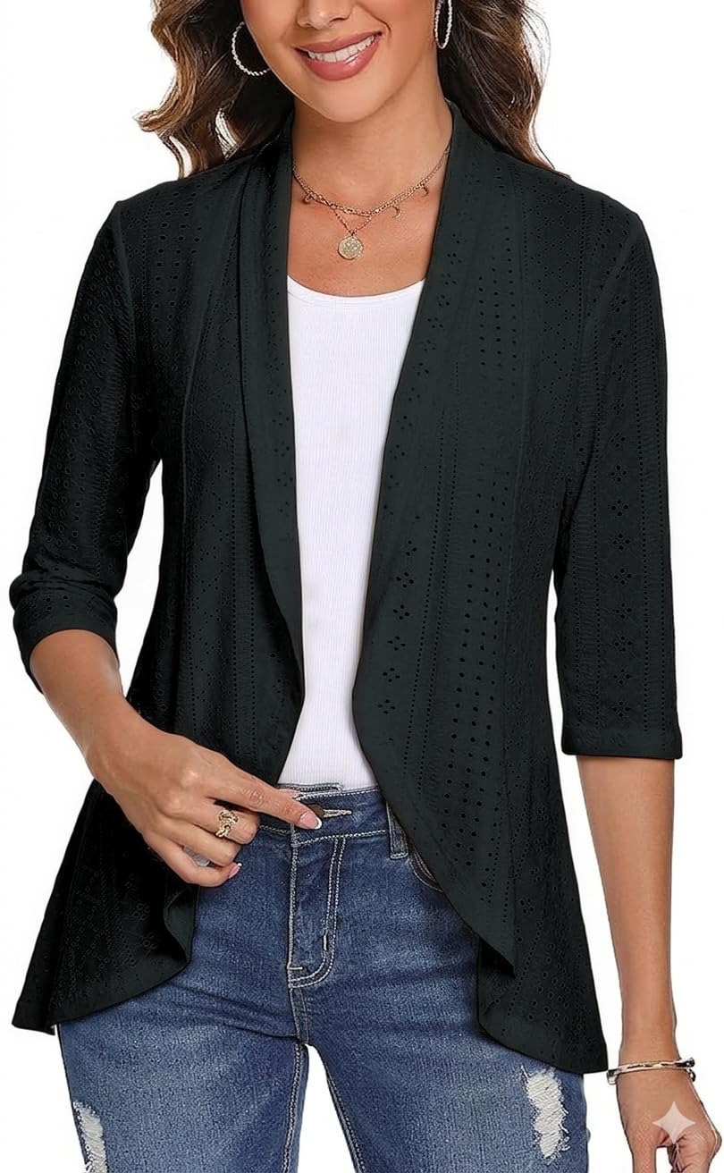 GLEENOD Strickjacke Damen 3/4 Ärmel Cardigan Open Front Strickmantel | Leichter eleganter Casual-Strickpullover ohne Knöpfe für die Übergangszeit