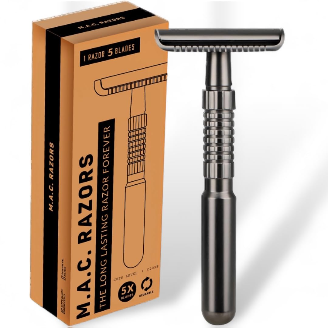 M. A. C.® Gun Metal Double Edge Razor for Men & Single Blade Razors for Women, Long Handle Safety Razor with 5 Blades Smooth Reusable & Eco Friendly