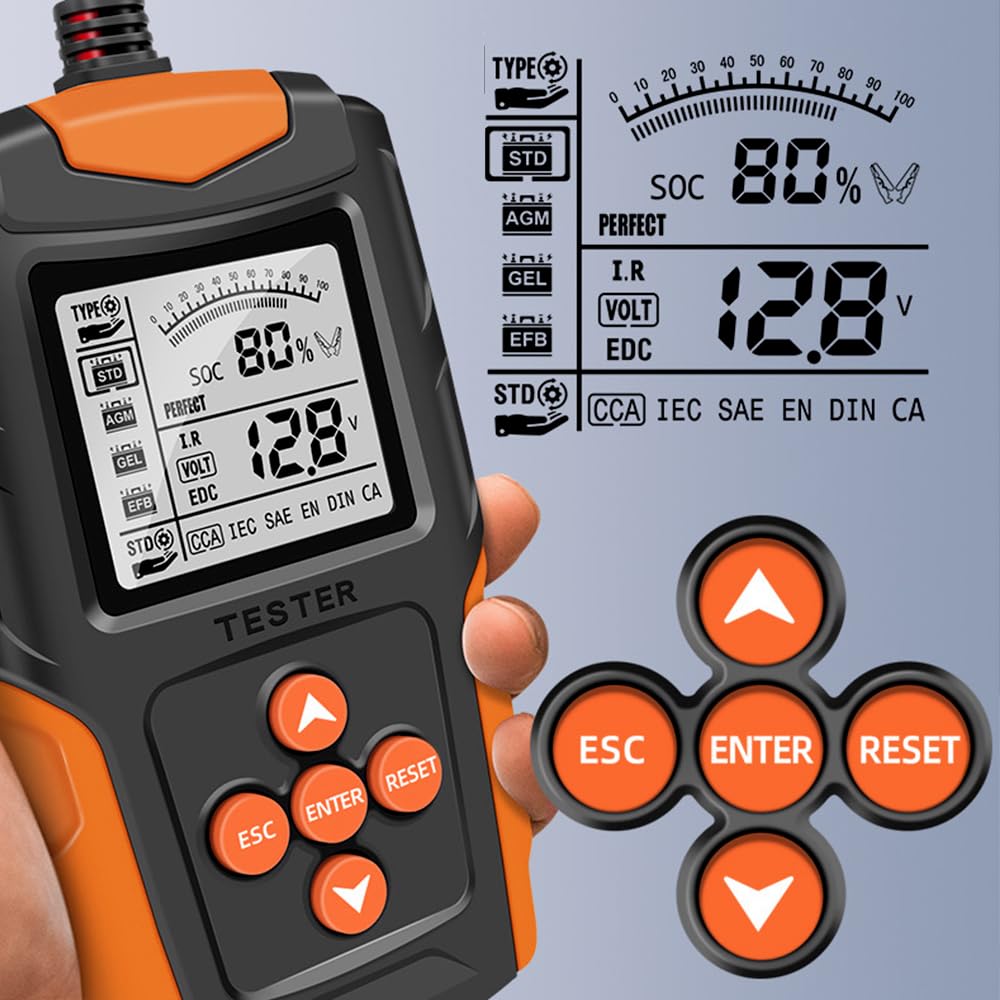 Testeur de Batterie de Voiture,12V/24V Testeur de Batterie avec Écran LCD Outil de Diagnostic pour Voiture/Véhicule électrique/Moto/Camion/Véhicule Technique/Batterie AGM,etc.