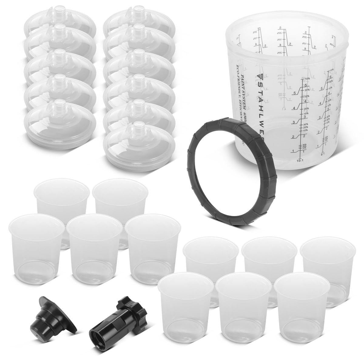STAHLWERK HVLP Lackierpistolen-Set mit Mischbechern, Lackier-Set SGS-1125ST | Mit 3 Druckluft Lackierpistolen 0,8/1,4/1,7 mm Düsensatz, robuster Aluminium-Koffer, Mischbecherset 25-teilig, 650 ml