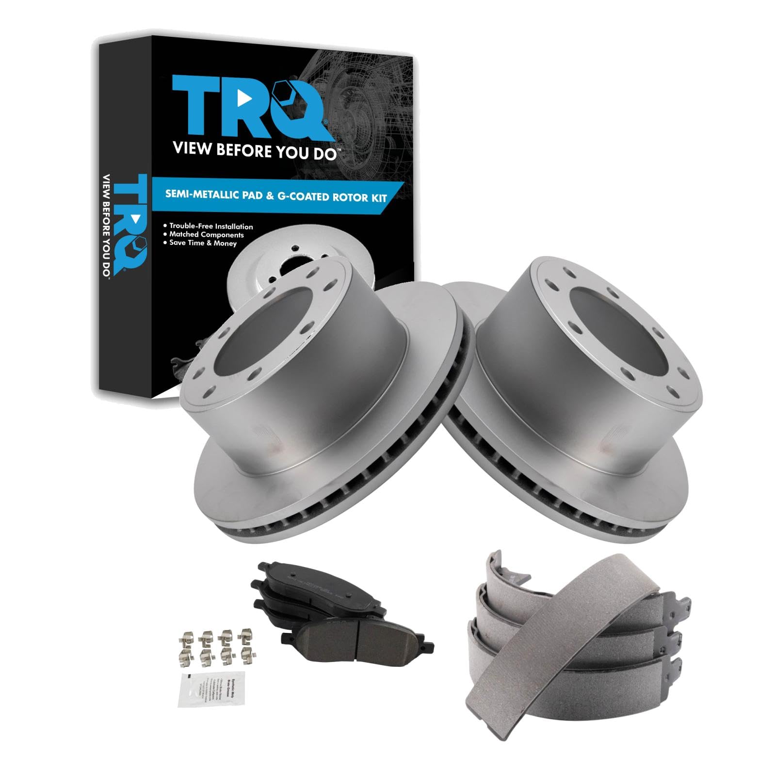 TRQ Rear Brake Pad &amp; Rotor Kit Parking Brake Shoe Set Semi-Metallic Compatible with 2005-2007 Ford F-250 Super Duty F-350 Super Duty