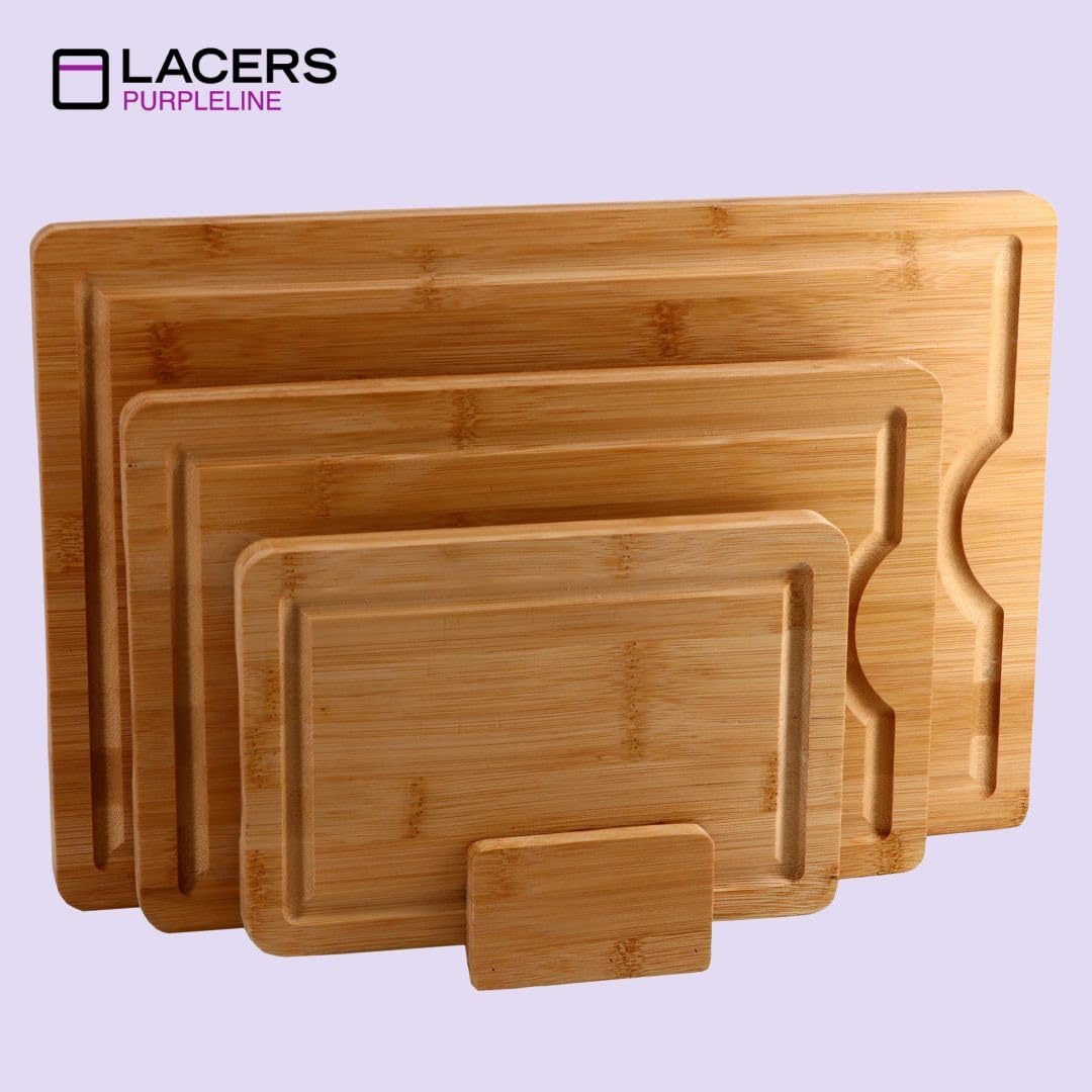 Lacers PurpleLine - Tabla de cortar de madera de bambú de 4 piezas con ranura para jugo y pies antideslizantes, juego de tabla de cortar con soporte, duradera, versátil, perfecta para cocina, carne,