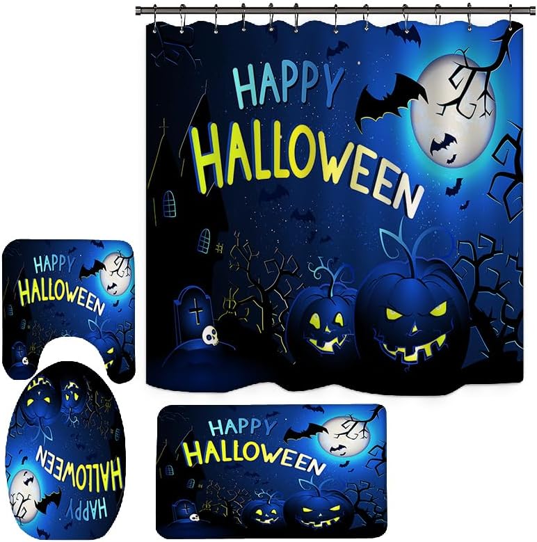 Miniatura 2 de CRTEPST Juego de 4 cortinas de ducha de Halloween, cortinas de ducha, alfombras de baño antideslizantes, funda de inodoro, tapete de baño,