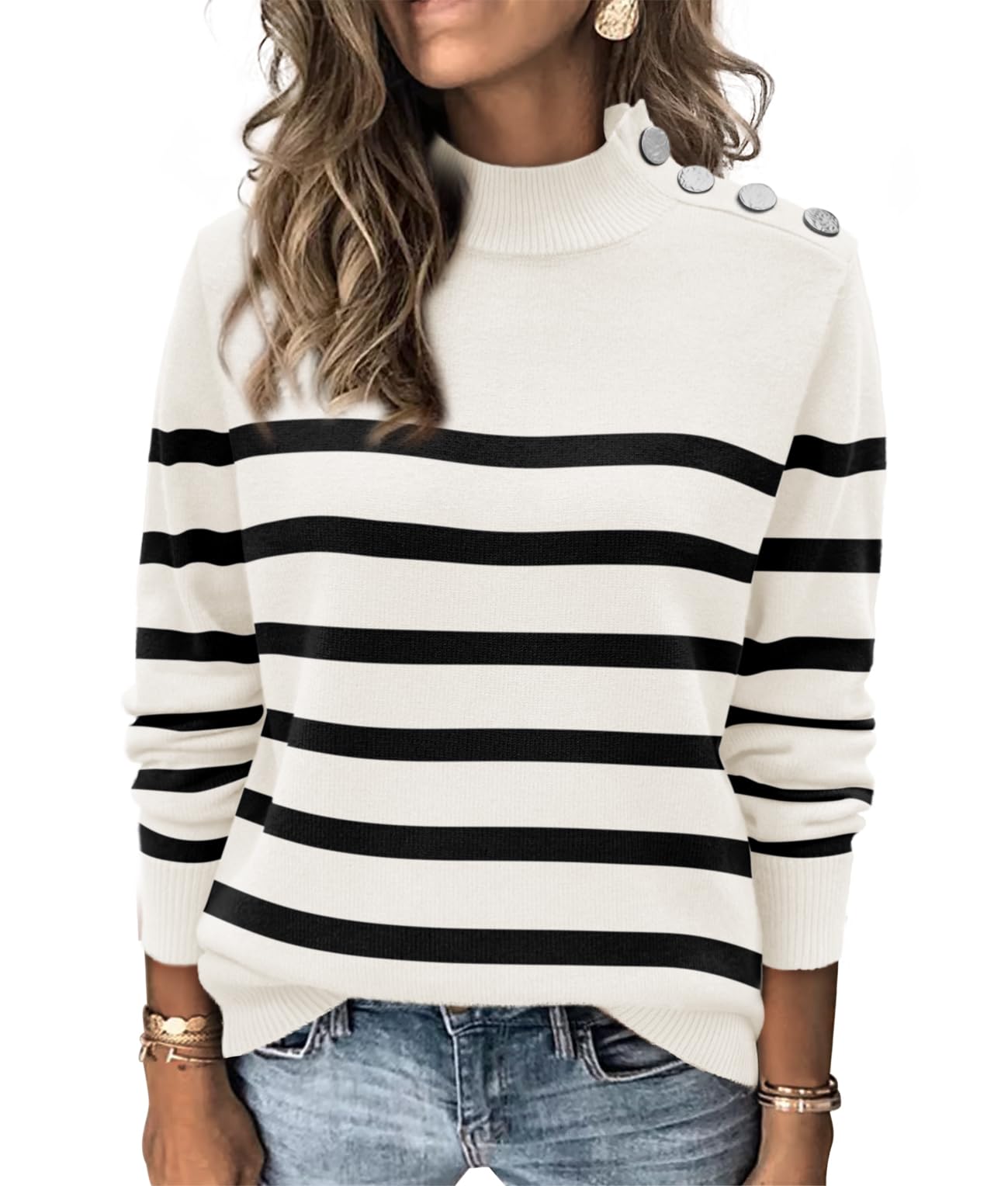 ATHMILE Fall Mock Neck Striped Sweaters for Women 2025 Winter Turtleneck Long Sleeve Knit Sweater Fashion Pullover Tops