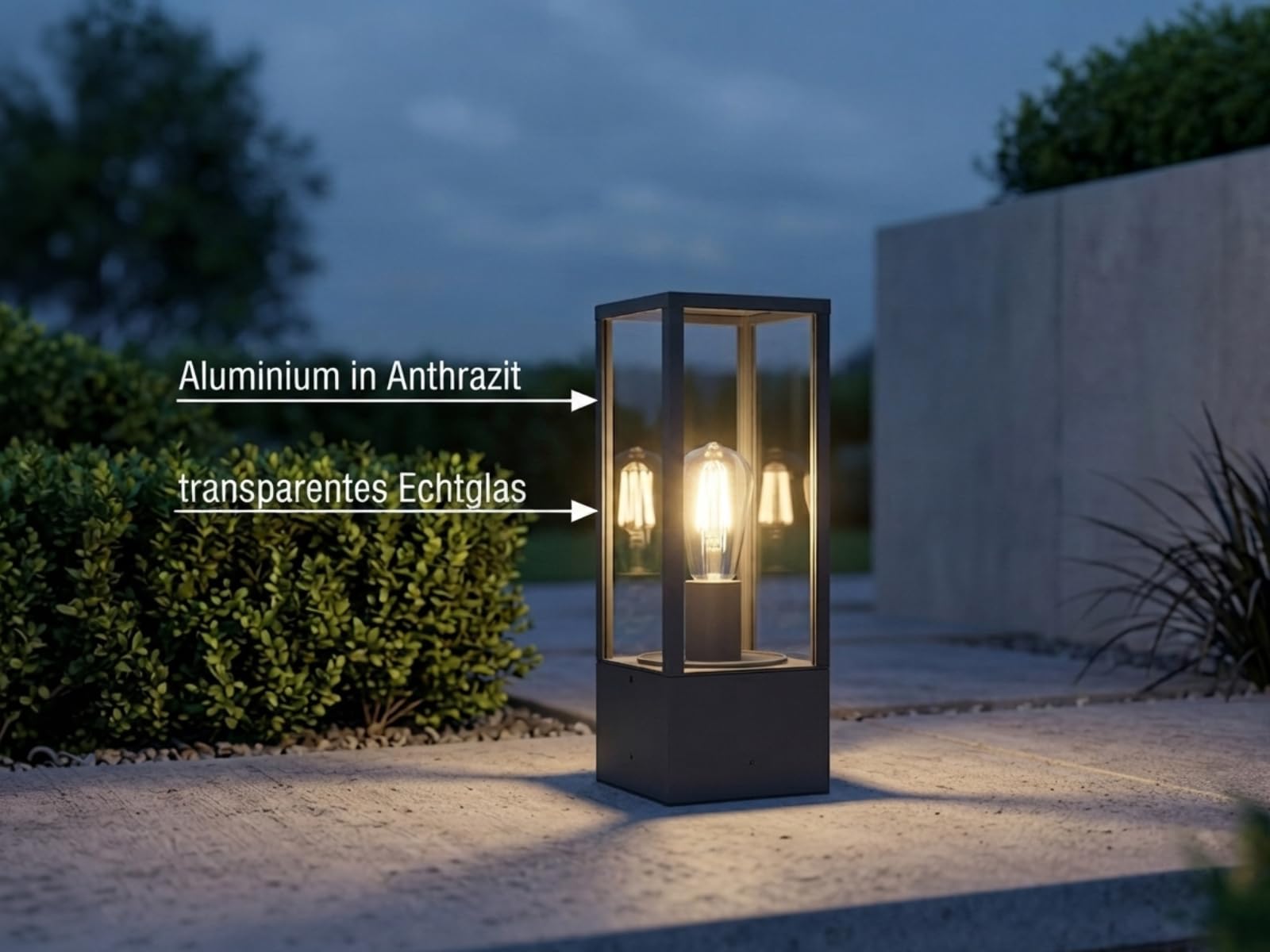 meineWunschleuchte Sockel-Leuchte Anthrazit für Terrassenbeleuchtung Außen | mit E27 LED, Höhe 40cm, moderne Pollerleuchte, Aluminium mit Glas, für Wegbeleuchtung Garten, Schutzklasse IP44