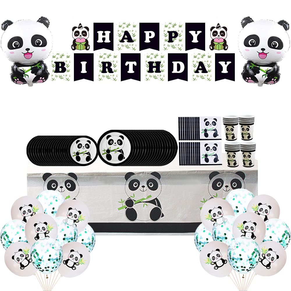 Panda Party Supplies for Girls Birthday, Panda Party Decorations for Girls, Panda Party Favor for Girls Kids, Including Panda Banner Plates Napkins Balloons Tablecloth Cover (Green)