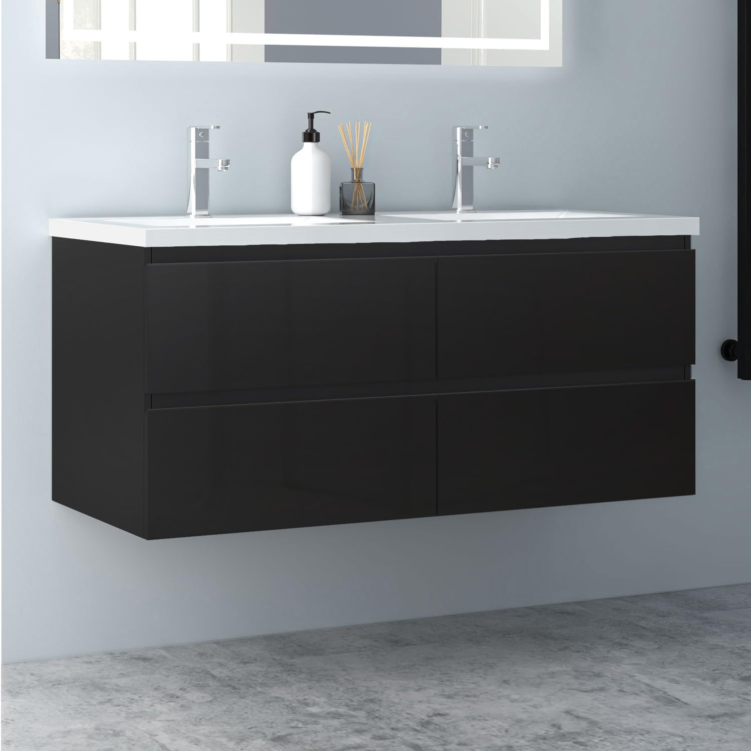 Badezimmermöbel 120cm Mineralguss Waschtisch mit Unterschrank Badmöbel Set Badezimmerschränke mit 2 Soft-Close Schubladen Hochglanz Schwarz