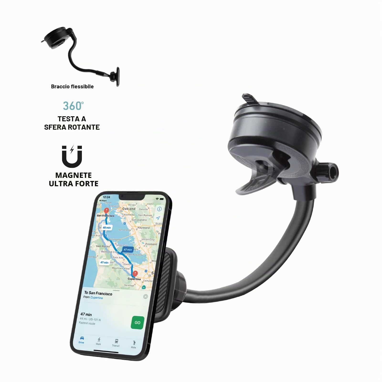 SBS supporto auto magnetico CALIFORNIA, portacellulare universale con braccio snodabile di 33cm e orientabile a 360°, supporto da parabrezza e cruscotto con ventosa e 2 piastrine incluse