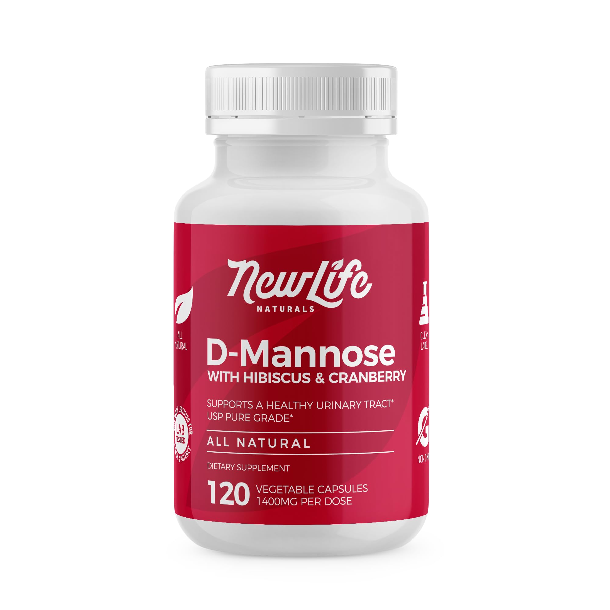 NewLife Naturals D-Mannose Capsules | w/Cranberry and Hibiscus Extracts | Natural Urinary Tract Health Supplement | 1400mg Pure Veggie Powder | 120 Veggie Capsules