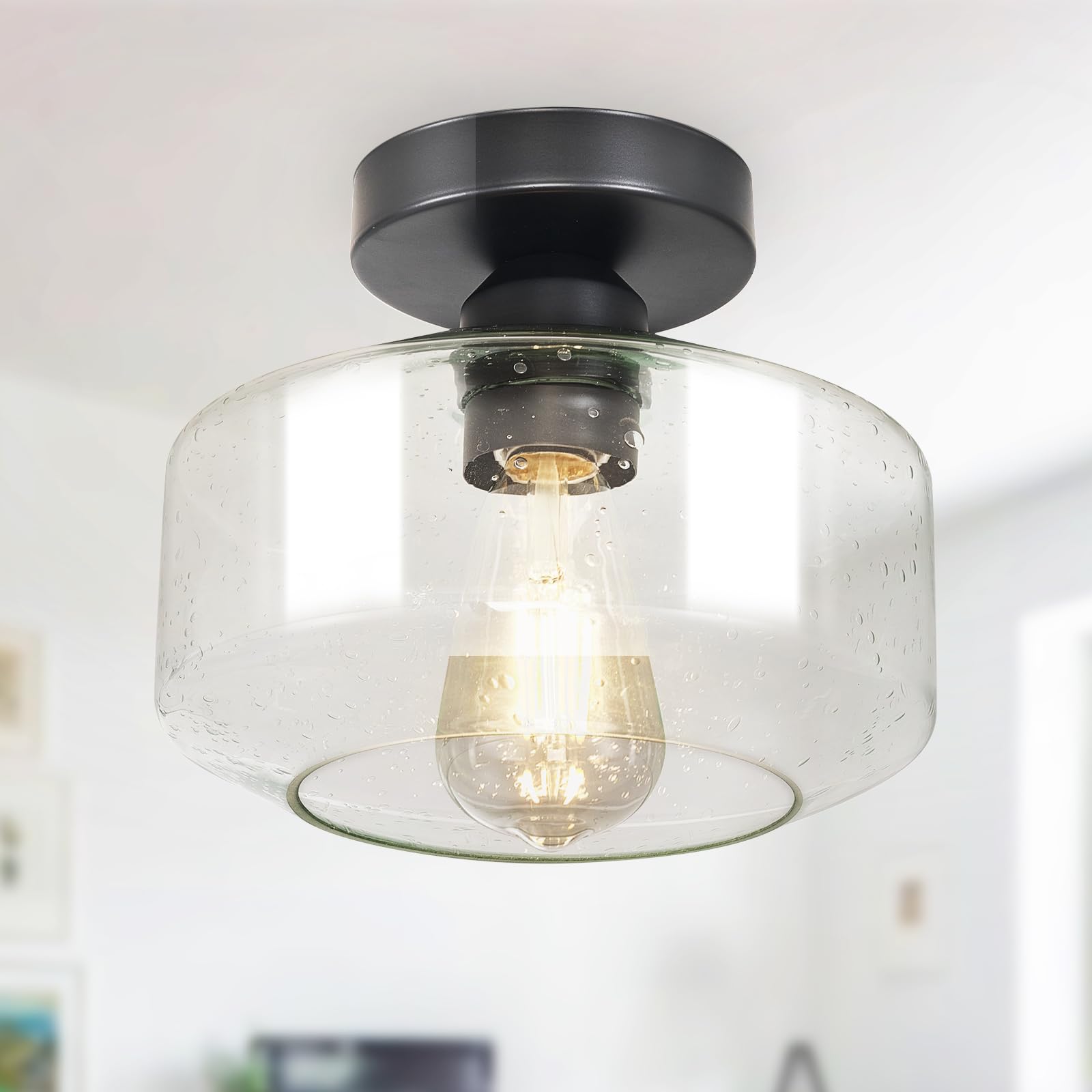 Industrial Semi Flush Mount Ceiling Light: Black Seeded Glass Kitchen Lighting Fixtures Ceiling - Vintage Hallway Light Fixtures E26 Bulb Included - 8.46” Light Fixtures Ceiling Mount for Foyer