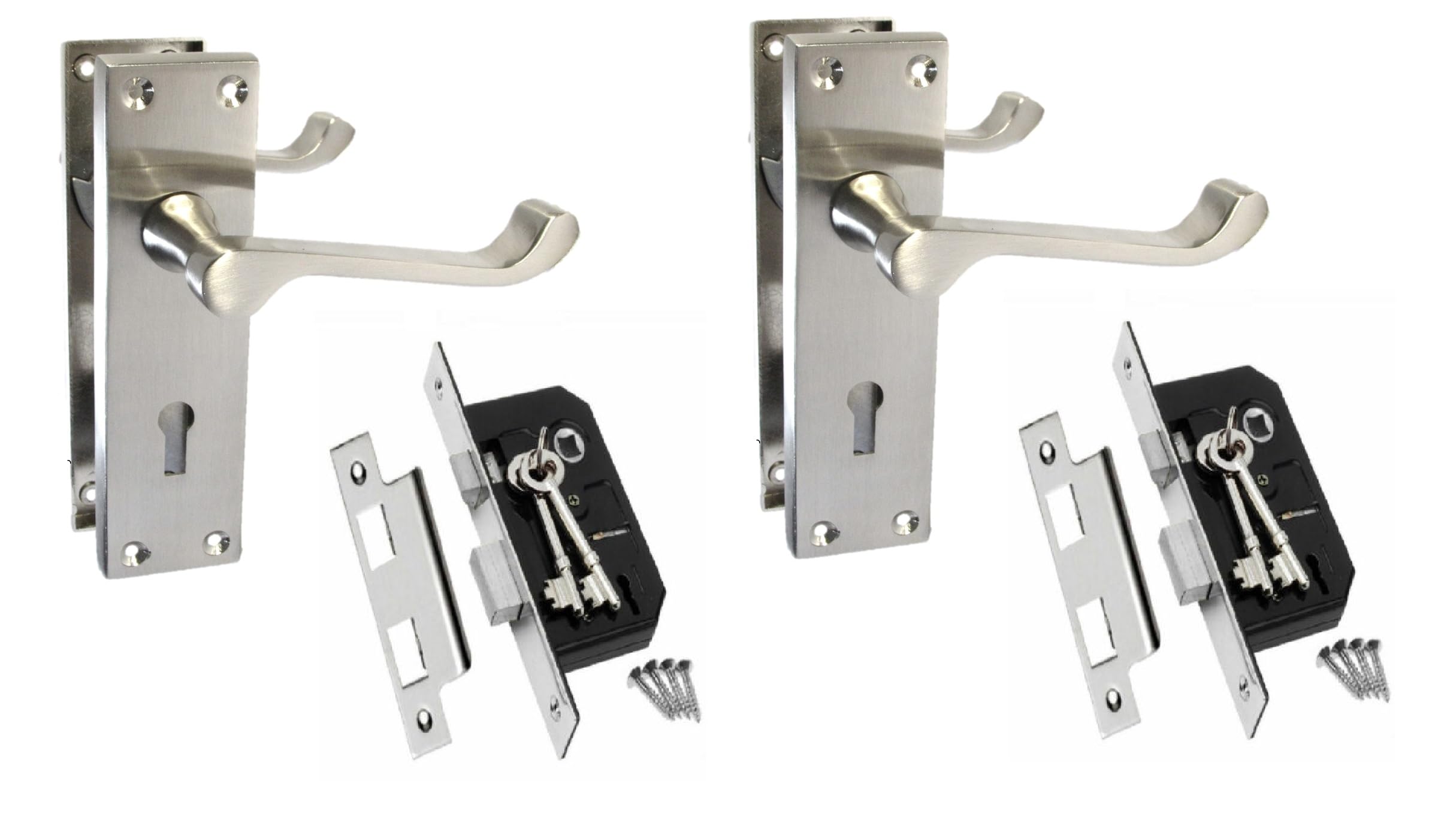 Epsom Door Handle Victorian Scroll Lever Set Satin Nickel Finish with 3 Lever 2.5" Mortice Sash Mechanism 150mm x 42mm Backplate Twin Pack