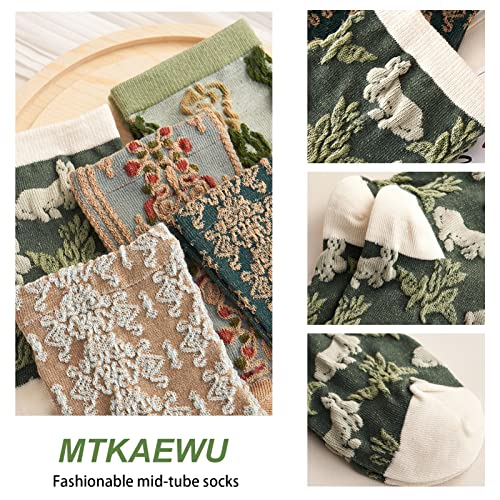 Image of 5 Pack Cute Womens Floral Socks, Vintage Embroidered Frilly Floral Ankle Cotton Cottagecore Socks