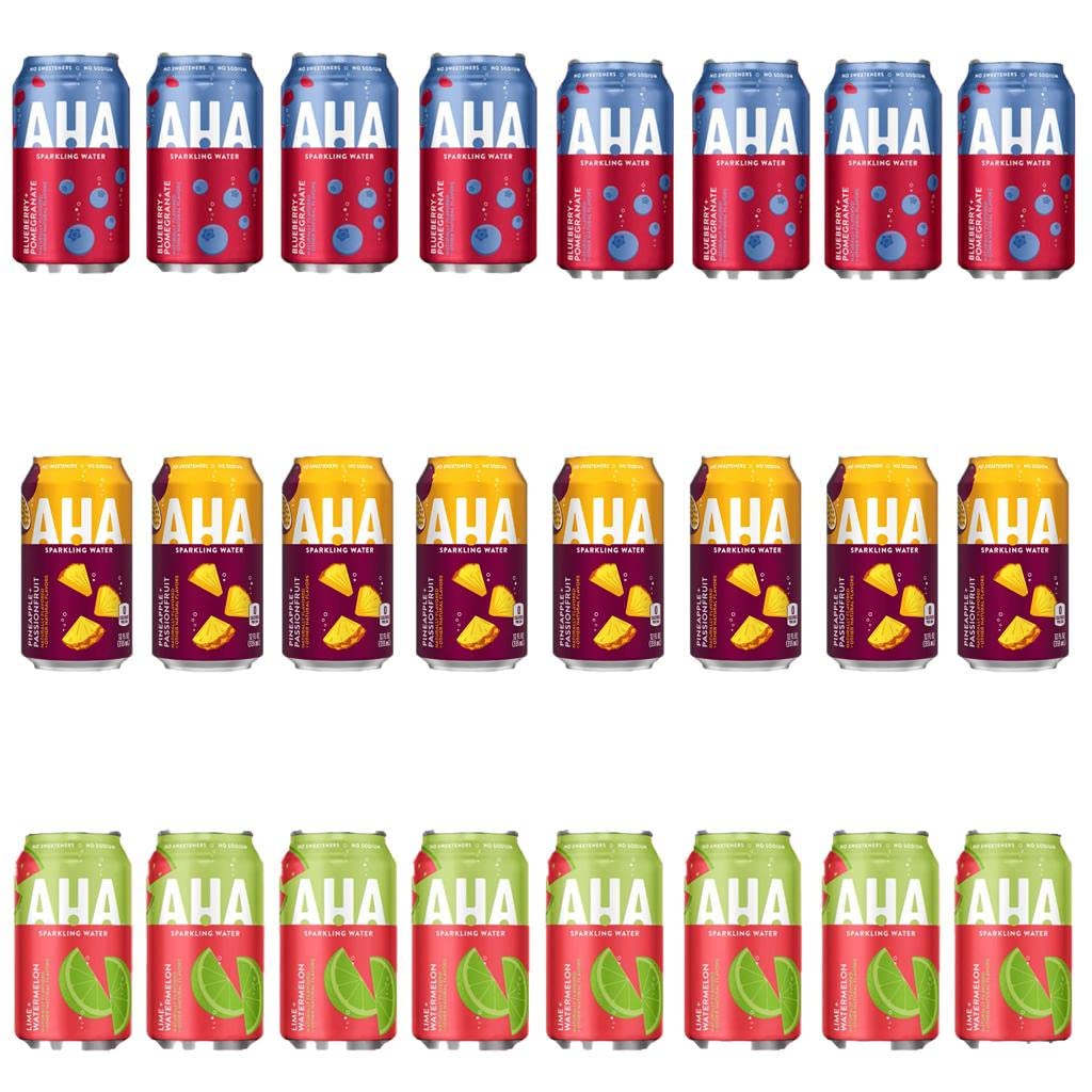 AHA Sparkling Water Blueberry Pomegranate Lime Watermelon Pineapple Passionfruit 12 fl oz 24 Pack 8 cans each flavor by Qualitatt