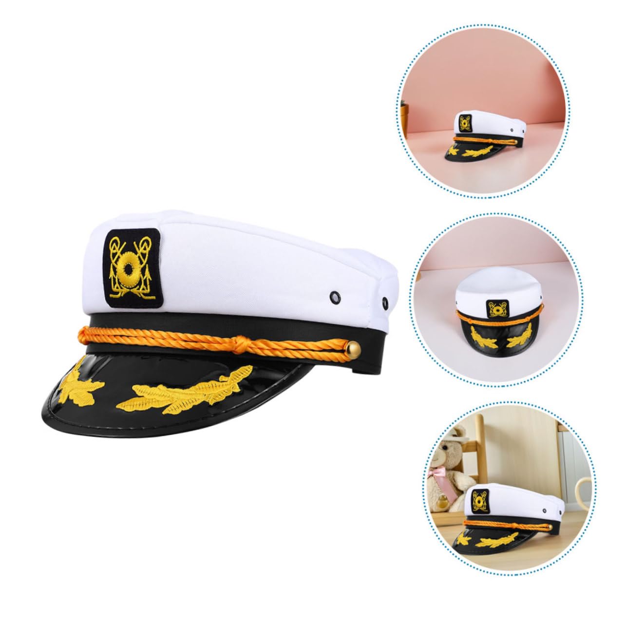4pezzi Cappello da Capitano Nautico Regolabile in Poliestere Bianco Motivo Ricamato Berretto da Marinaio per Yacht e Eventi Tema Cappello da Marinaio per Uomo