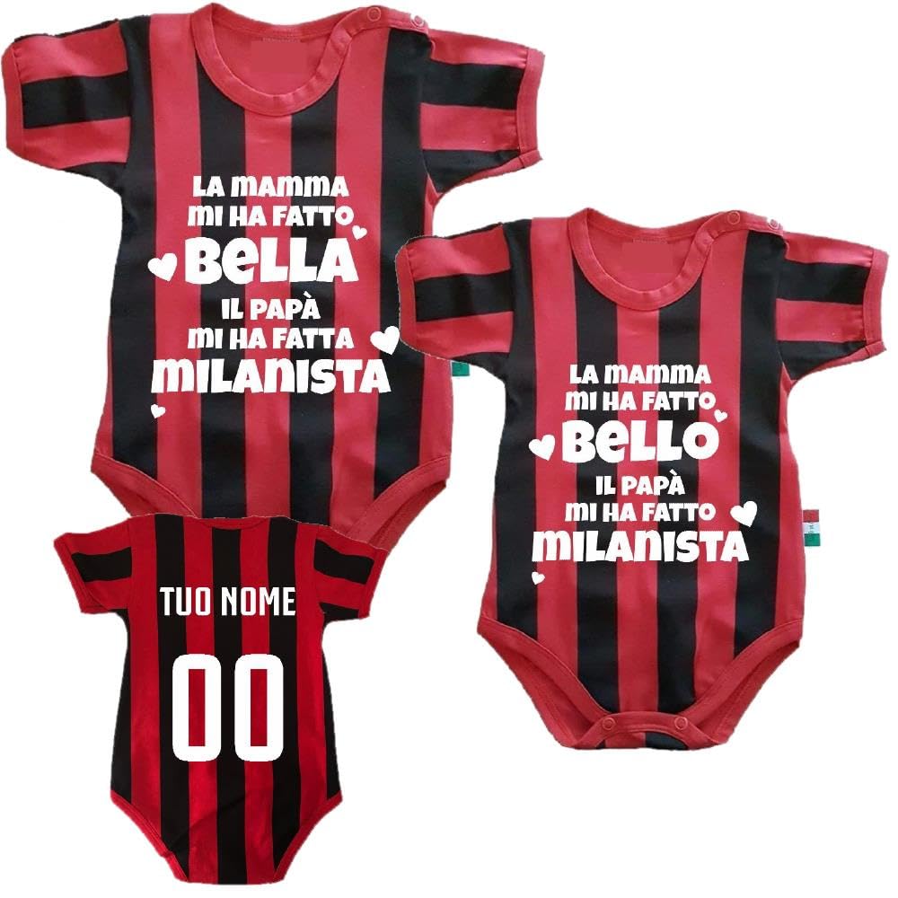 Body Rosso Nero Mamma Mi ha fatto bello (o bella), Papa' Mi Ha Fatto Milanista | Personalizzato Con Nome e Numero PS 32772-010