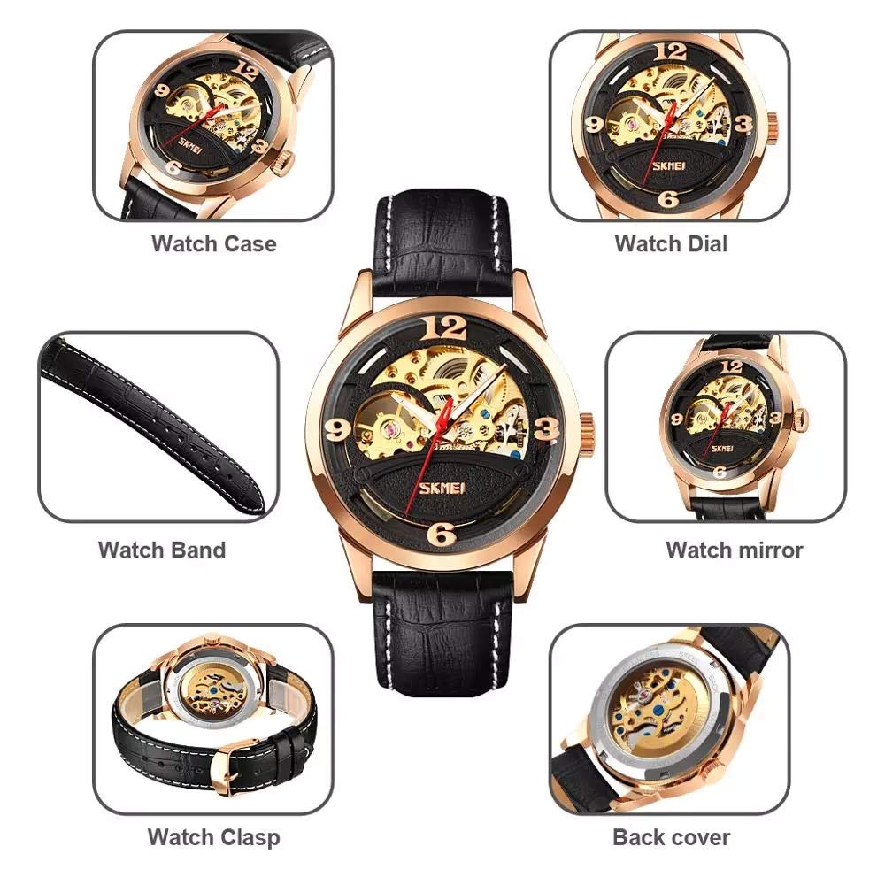 MASTOP Herren-Armbanduhr, automatisch, mechanisch, Skelett-Zifferblatt, wasserdicht, leuchtende Zeiger, Leder, analoge Armbanduhr