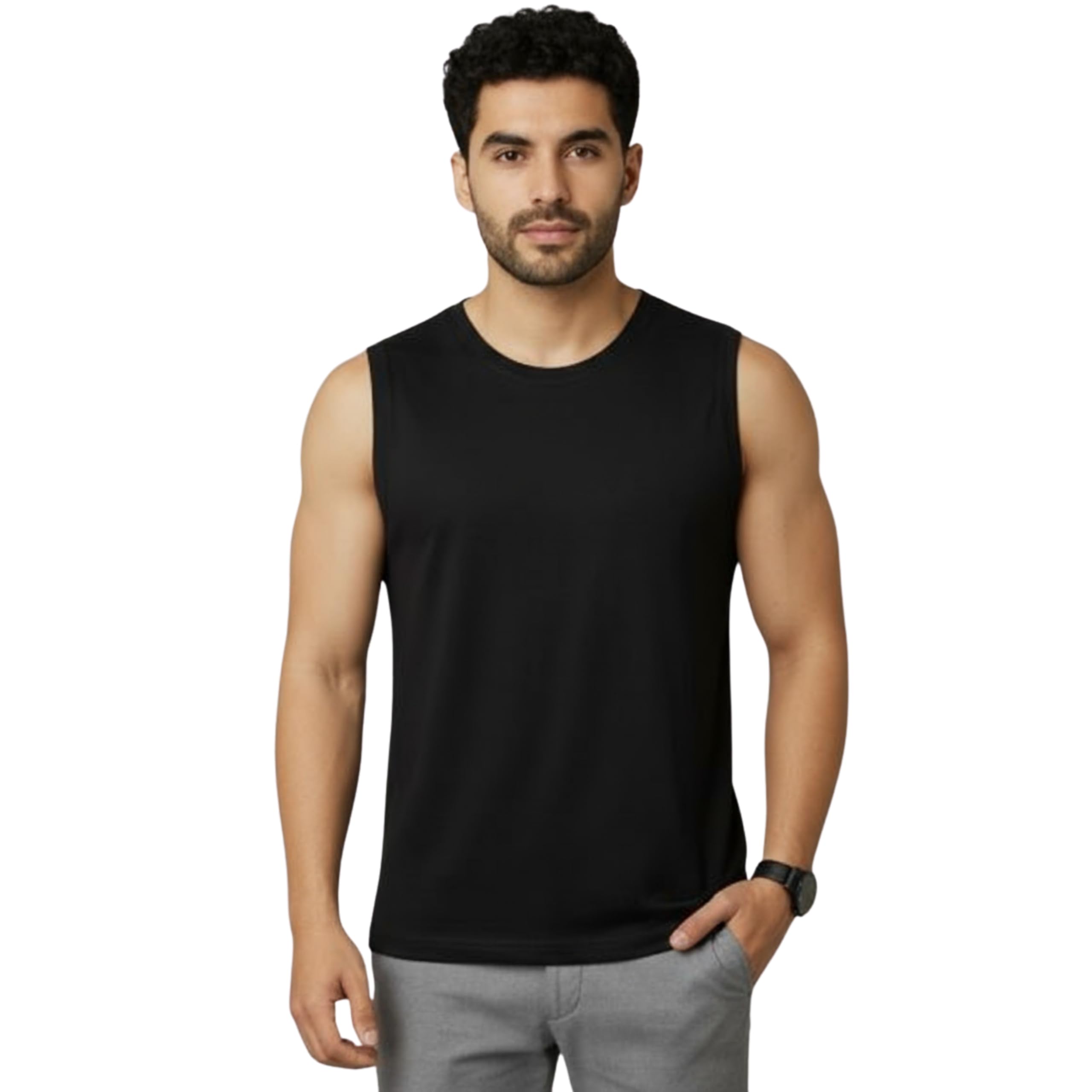 louis elora Men's Polyester Dry-Fit Sleeveless Gym Vest, Breathable Lightweight Sports Vest, Wrinkle Free Workout Wear, Black and White (in, Alpha, L, Regular, Black)-picture-14