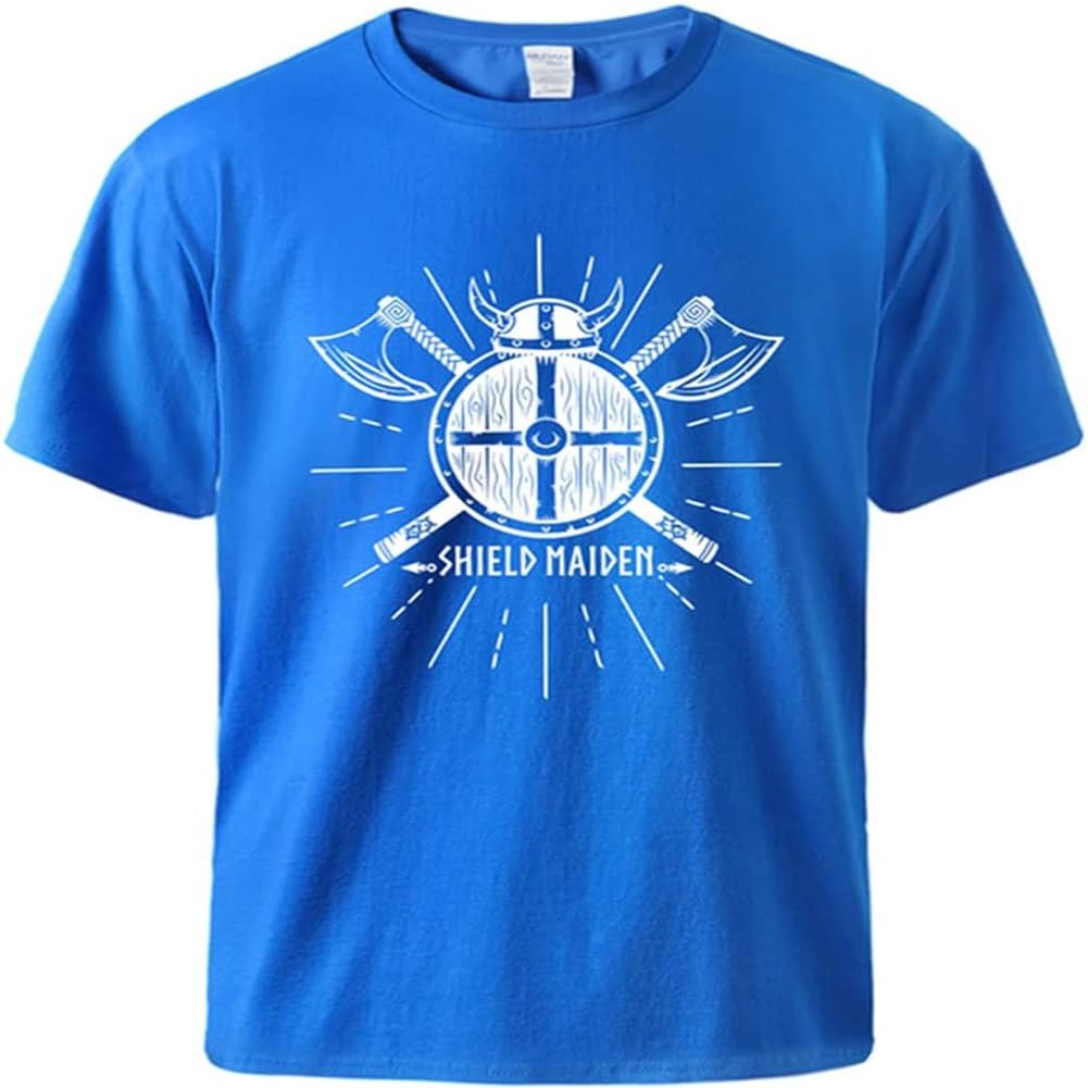 Norse Mythology Battle Ax Men's T-Shirt, 3D Viking Classic Print Summer Breathable Short Sleeves, Birthday Gift Ideas for Family and Friends. Blue
