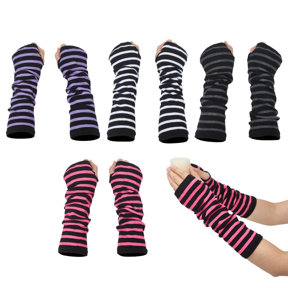HOBBIESAY 4 Pairs 4 Colors Striped Gloves Long Fingerless Gothic Gloves Womens Punk Gothic Arm Warmers Knitted Fingerless Warm Glove for Halloween Christmas Cosplay Driving Hiking