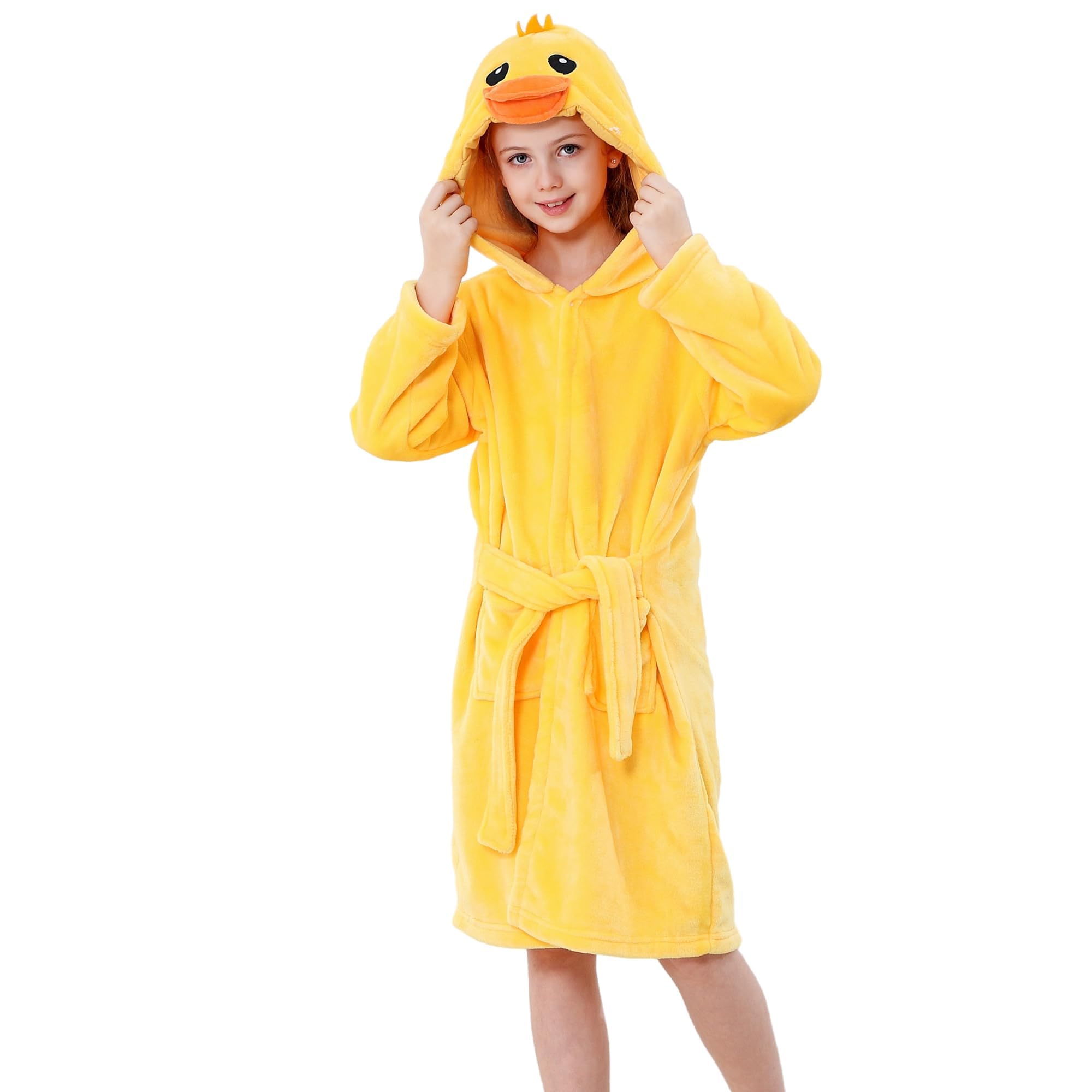 MICHLEY Unisex Boys Girls Hooded Bathrobe Soft Fuzzy Toddler Cartoon Robe Animal Plush Sleepwear for Kids 3-13 Years