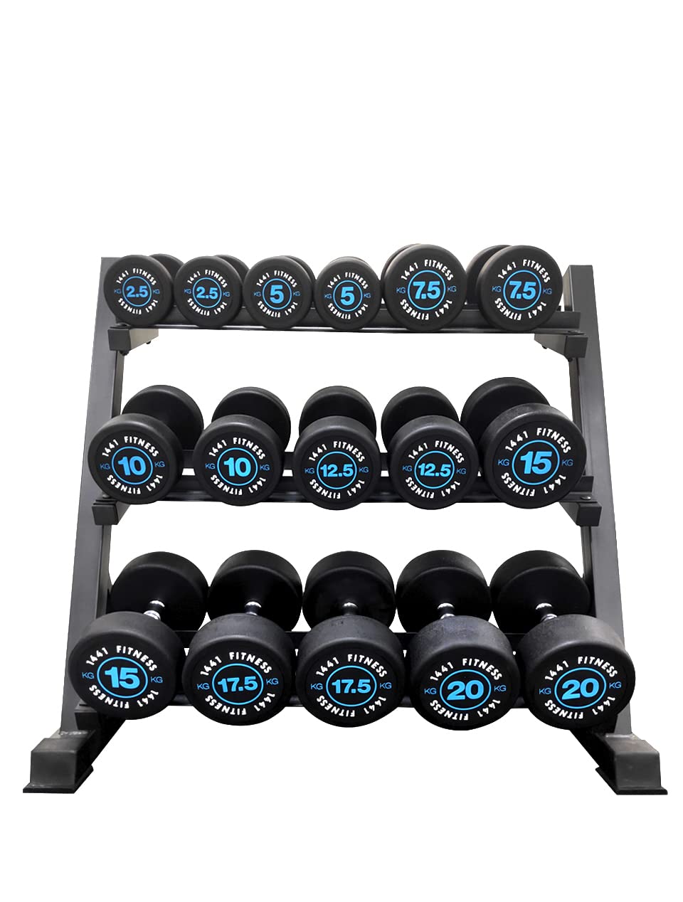 1441 FitnessPremium Round Rubber Dumbbell Set – Weight Dumbbells with 3-Tier Rack for Home, Gym – Heavy-Duty Strength Training Equipment – Dumbbells with Chrome Plated Handle – 2.5 to 20 Kg (8 Pairs)