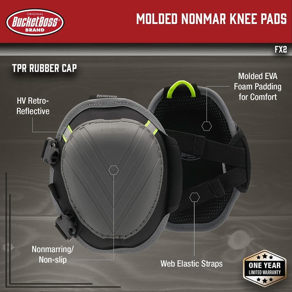 Bucket Boss Molded Non-Mar Knee Pads, Certified High-Visibility Markings for Safety, Breathable Mesh Lining, Elastic Top Strap for Comfort, Web Bottom Strap Buckle Closure, in Grey, FX2