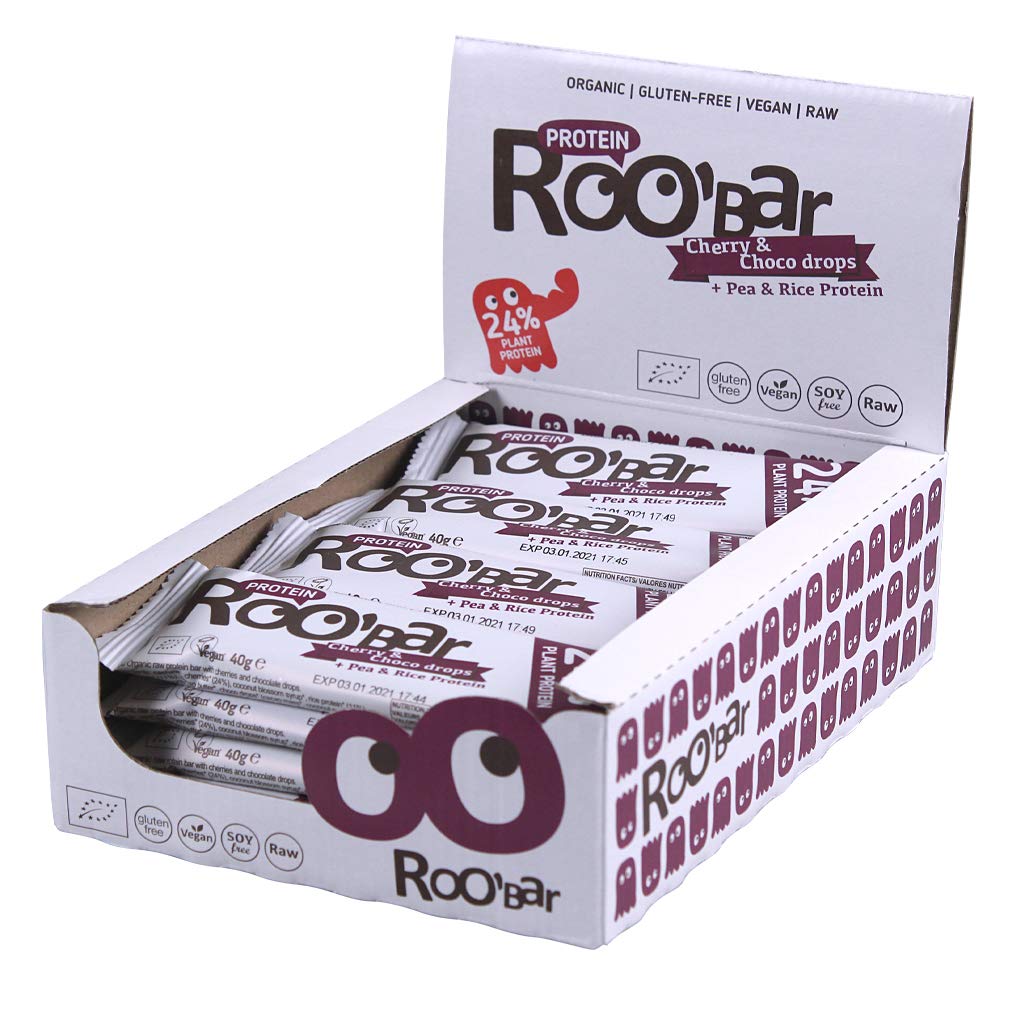 Roobar Protein Kirsche & Schokodrops - 100% Bio, Vegan Proteinriegel, Milchfrei & Glutenfrei 16 x 40g Protein-Riegel in einer Box