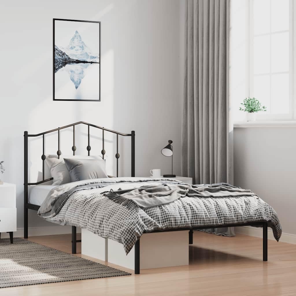 Twin Bed Frame Black Steel Modern Platform with Sturdy Slatted Foundation and Headboard, Durable Heavy-Duty Minimalist Furniture for Bedroom Mattress Support