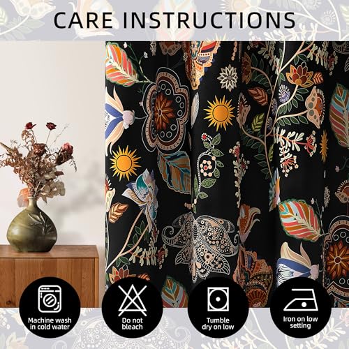 Image of XiDi Black Floral Boho Blackout Curtains 45 Inches Long for Cafe Kitchen | 2 Panels Grommet Room Darkening Boho Farmhouse Modern Luxury Patterned Paisley Curtain Drapes for Living Room Bedroom Window