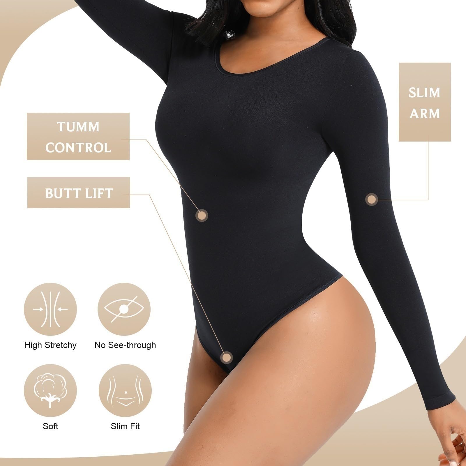 MMRTDJDR Damskie body wyszczuplają brzuch Kompresyjne body z długim rękawem Seksowne stroje modelują z okrągłym dekoltem i podnoszącymi pośladki