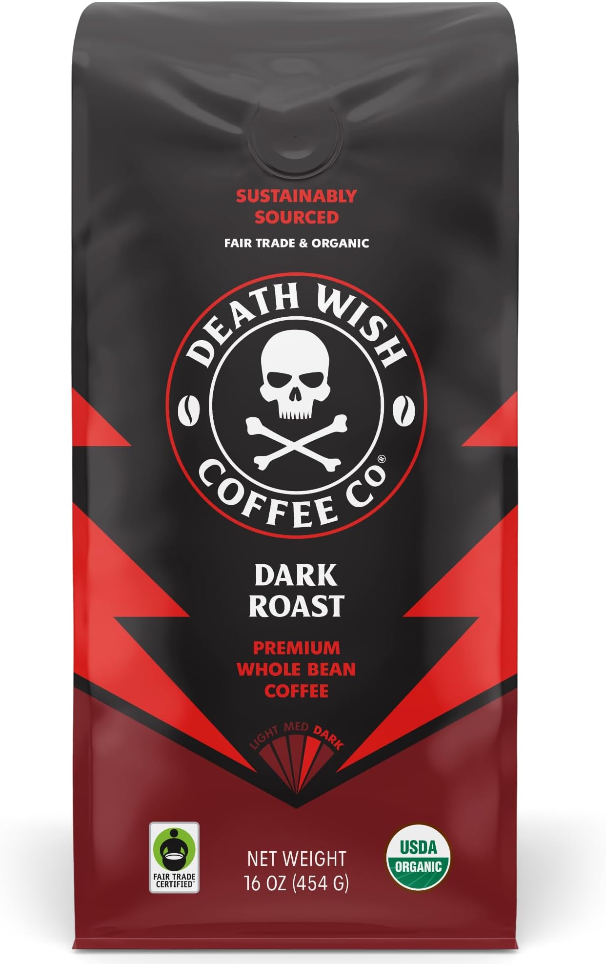 Death Wish Coffee Organic Dark Roast Whole Bean Coffee, Fair Trade, 16 oz