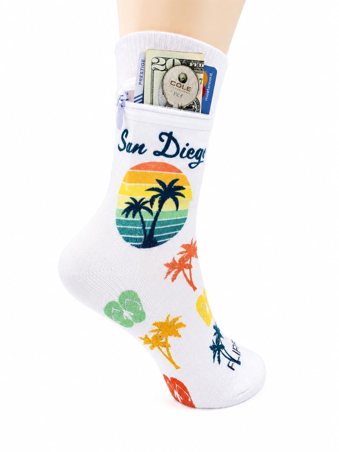 Zipper Sock Wallet - Cotton &amp; Polyester Zipper Socks with Pockets - Fits shoe size 6-13