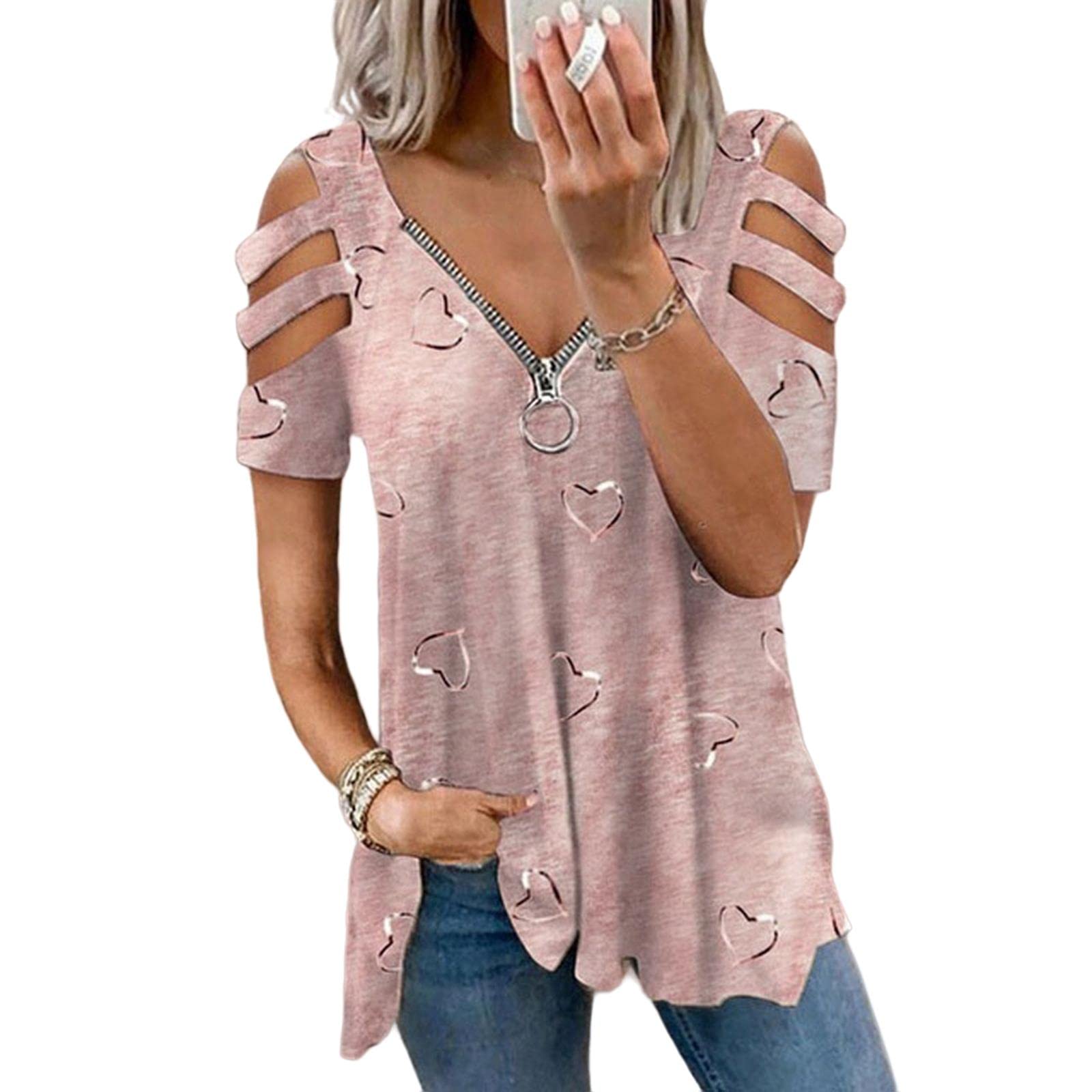 MOGSA T-shirt Estate Donna Oversize T-Shirt Cuore Stampa Spalla Aperta Manica Corta Top Femminile Plus Size Abbigliamento Donna