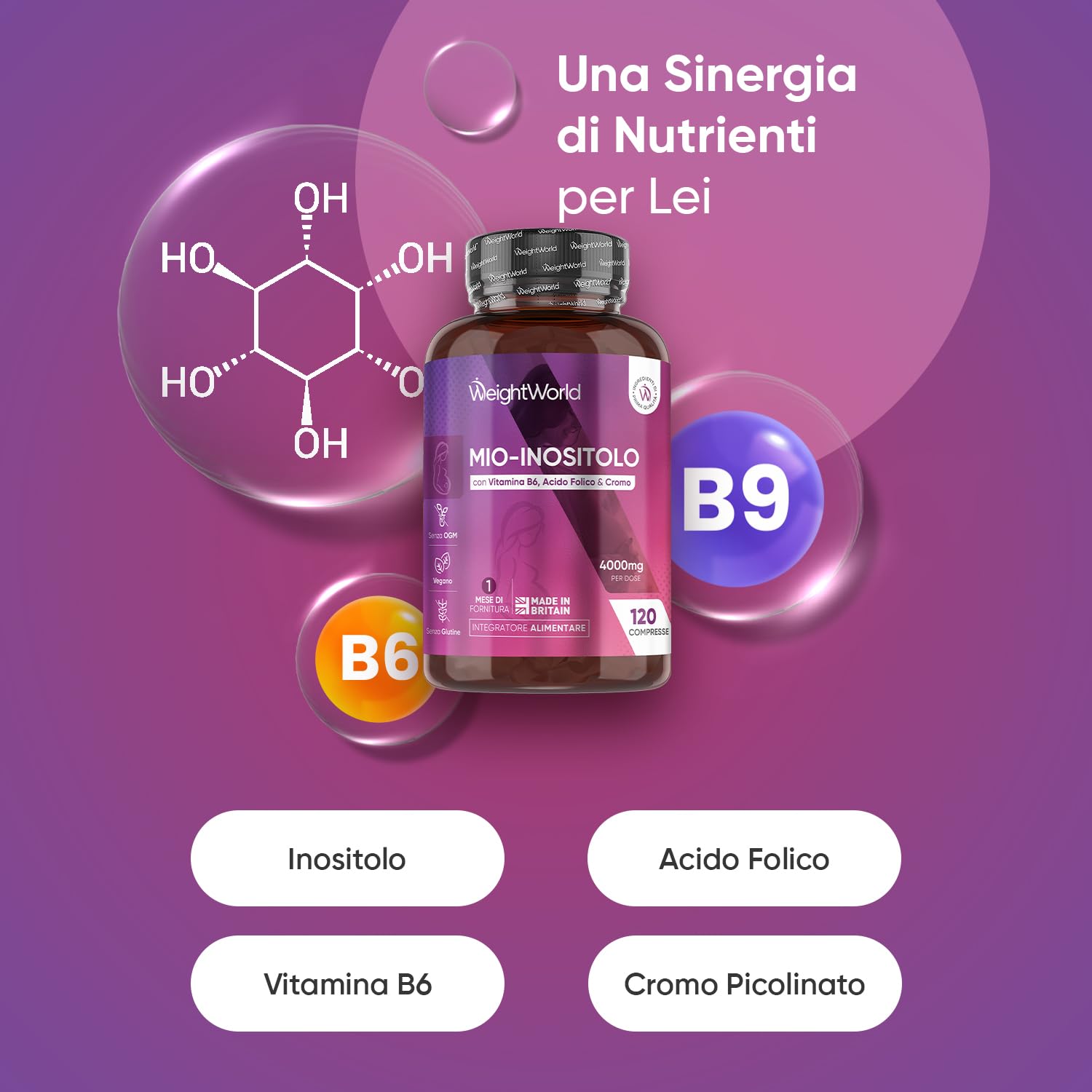 Myo Inositolo Vegano 4000mg, Inositolo Integratore con Acido Folico, Vitamina B6, Cromo Picolinato, la Vitamina B6 Contribuisce alla Regolazione dell'Attività Ormonale (EFSA), Senza Magnesio Stearato