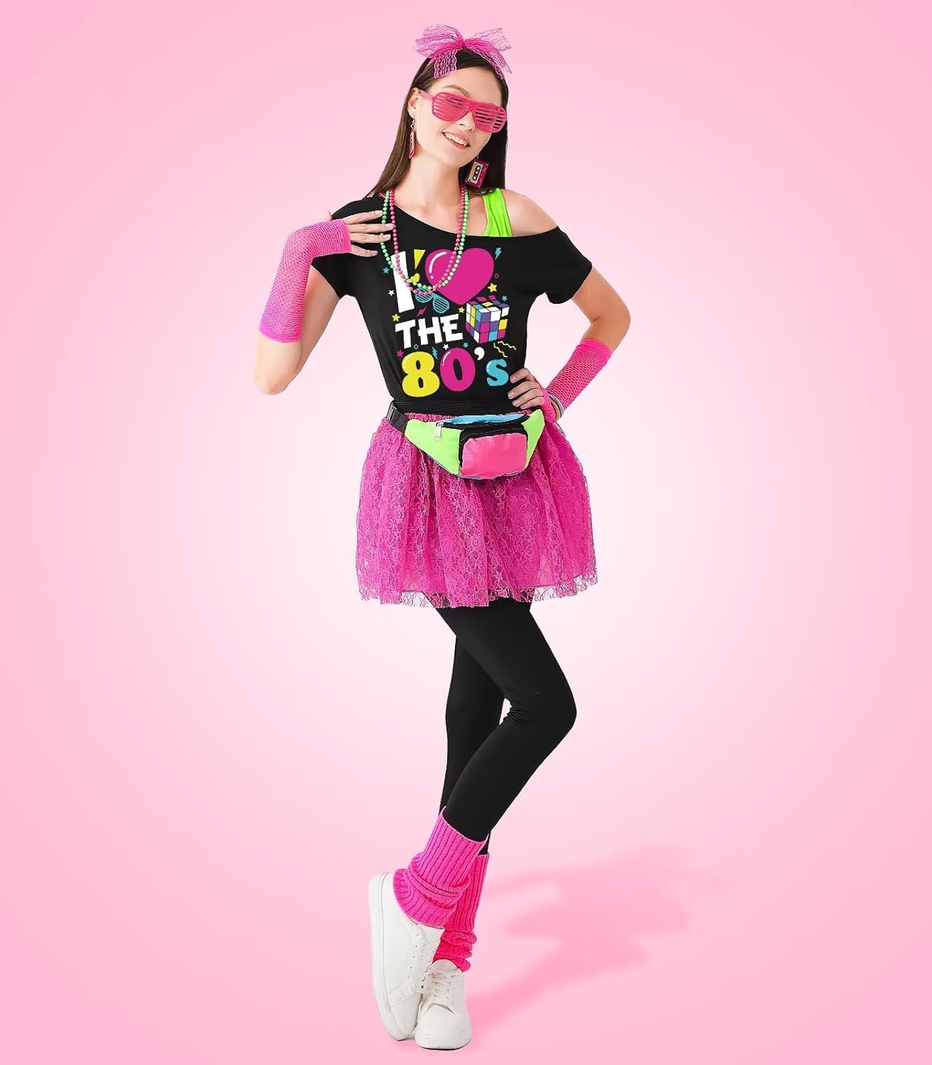 80s Outfit Women Costume Accessories Set, T-Shirt Tank Top Leggings Tutu Skirt Fanny Pack for Halloween, 80s Neon Party - Image 5