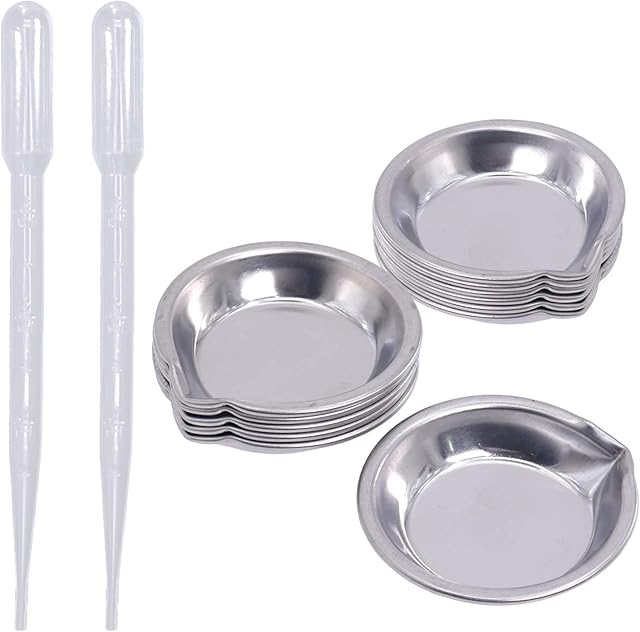 Make up Palette Stainless Steel 12Pcs DBOO Makeup Mixing Palette Tray 5mm Diameter Paint Tray with 2 Droppers for Artist Watercolors Oil Water Paint Metal Makeup Mixing