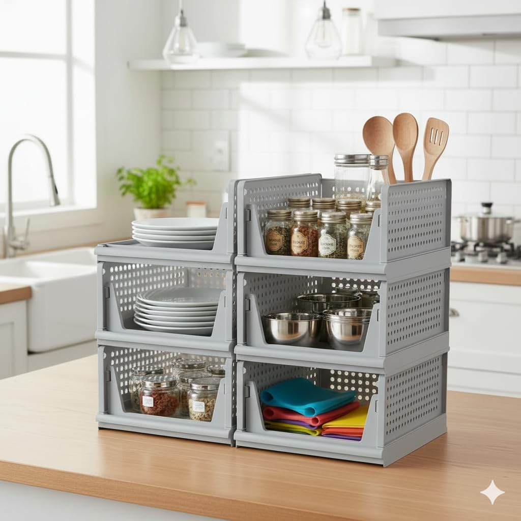 URBAN LUXY Storage Organizer | Wardrobe Organizer for Clothes | Cupboard Organizer | Foldable Shirt Stacker Box | Cloth Box for Almirah | Closet Storage Basket (Grey, 5PCS)