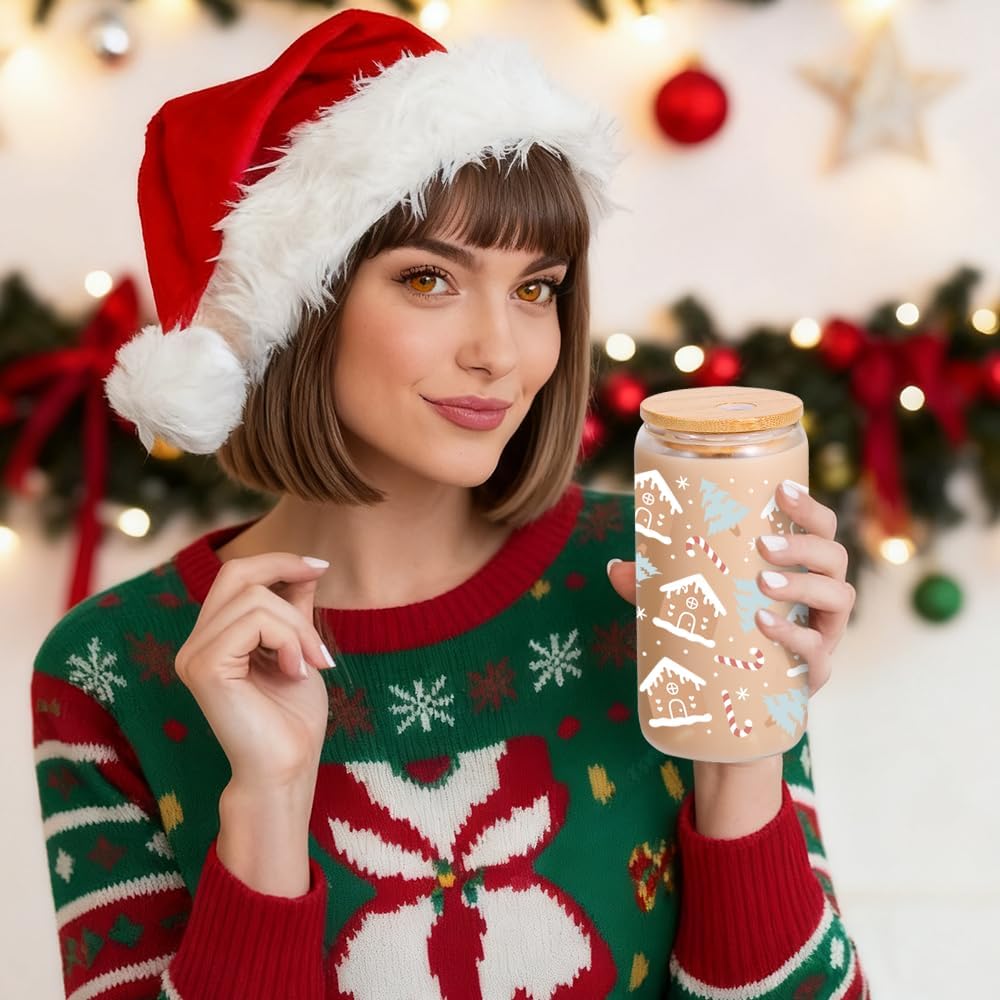 Lamyba Christmas Stocking Stuffers for Teen Girls, Christmas Gifts for Women - 16oz Cute Christmas Tree/Gingerbread House Cup, Christmas Glass Cups with Lid & Straw, christmas Themed Drinkin Can - Image 6