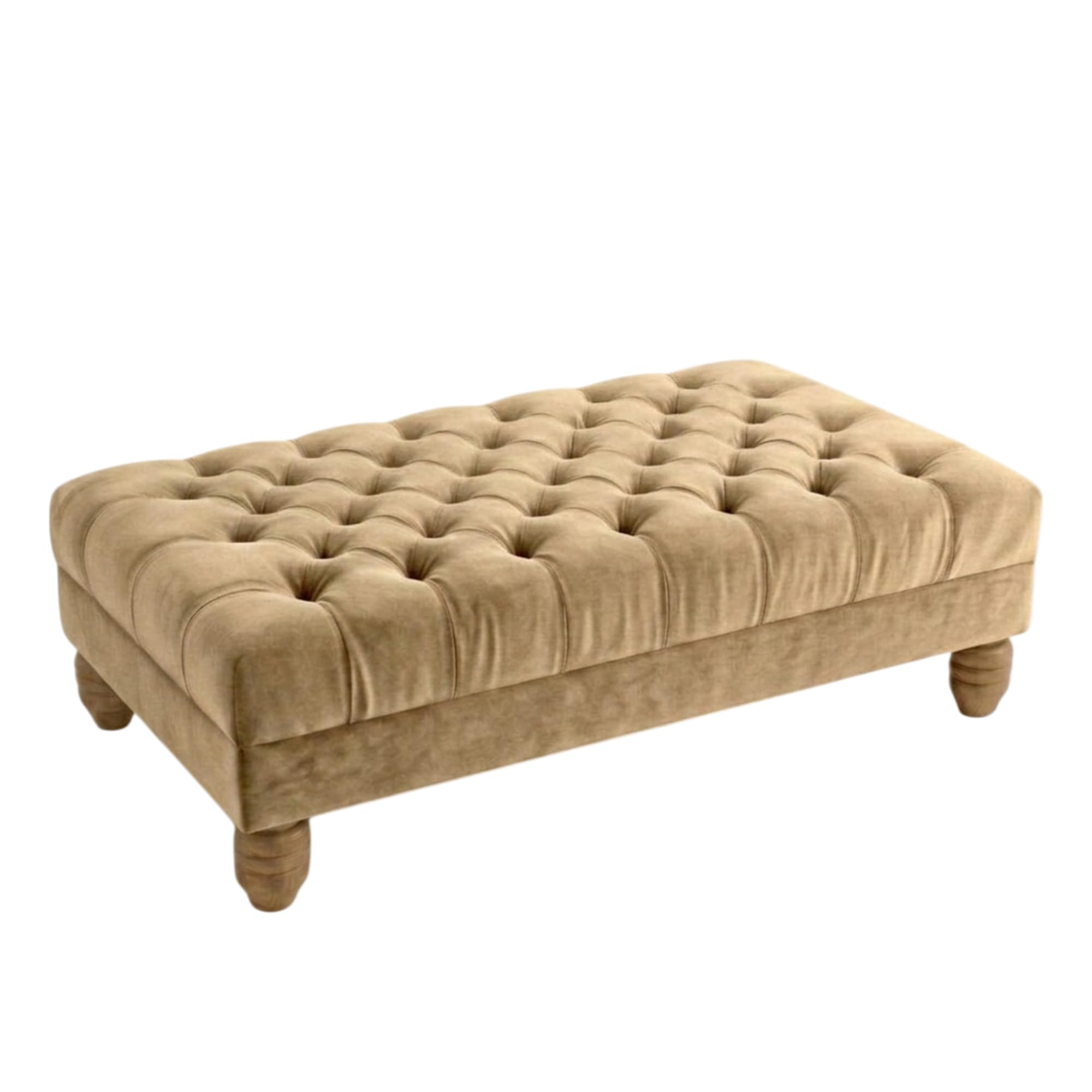 Chesterfield Footstool Coffee Table Large – Deep Button Tufted Plush Fabric Ottoman Bench, Thick Cushioned Living Room Foot Stool with Wooden Frame & 6 Inch Light Oak Feet (Beige)