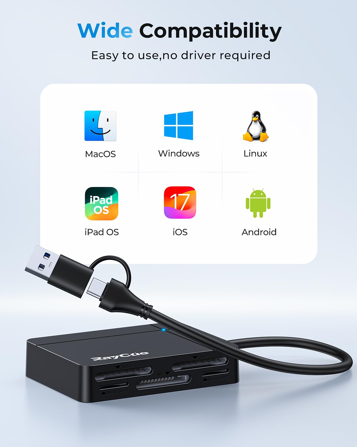 RayCue USB C to Micro SD TF Memory Card Reader, 3-in-1 USB C Camera Card Reader Adapter for iPhone 15 16 17 Pro Max,iPad Pro, MacBook Pro/Air, Chromebook XPS, Galaxy S10/S9 and More USB C Devices