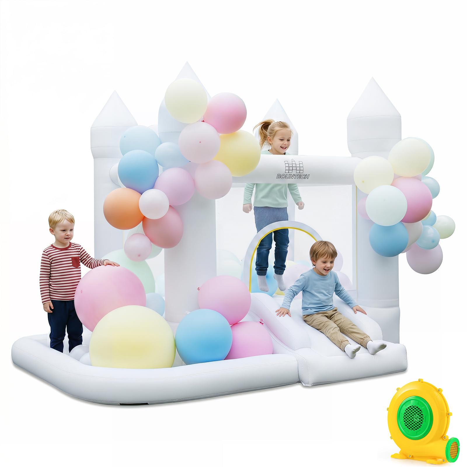 COSTWAY Hüpfburg mit Gebläse, Rutsche, Sprungbereich, Basketballkorb | Bouncy Castle mit 100 Luftballons & Bällebad für Kinder, Innen- und Außenbereich, Weiß, 252 x 242 x 191,5 cm