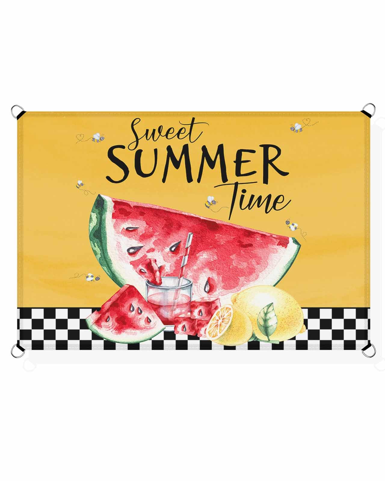 Boanket Sun Shade Sail 8' x 10', Summer Watermelon Rectangular Waterproof Outdoor Sun Shades, Black White Plaid Fruits Yellow Shade Cloth for Patio Deck Terrace Garden Lawns Beach Backyard