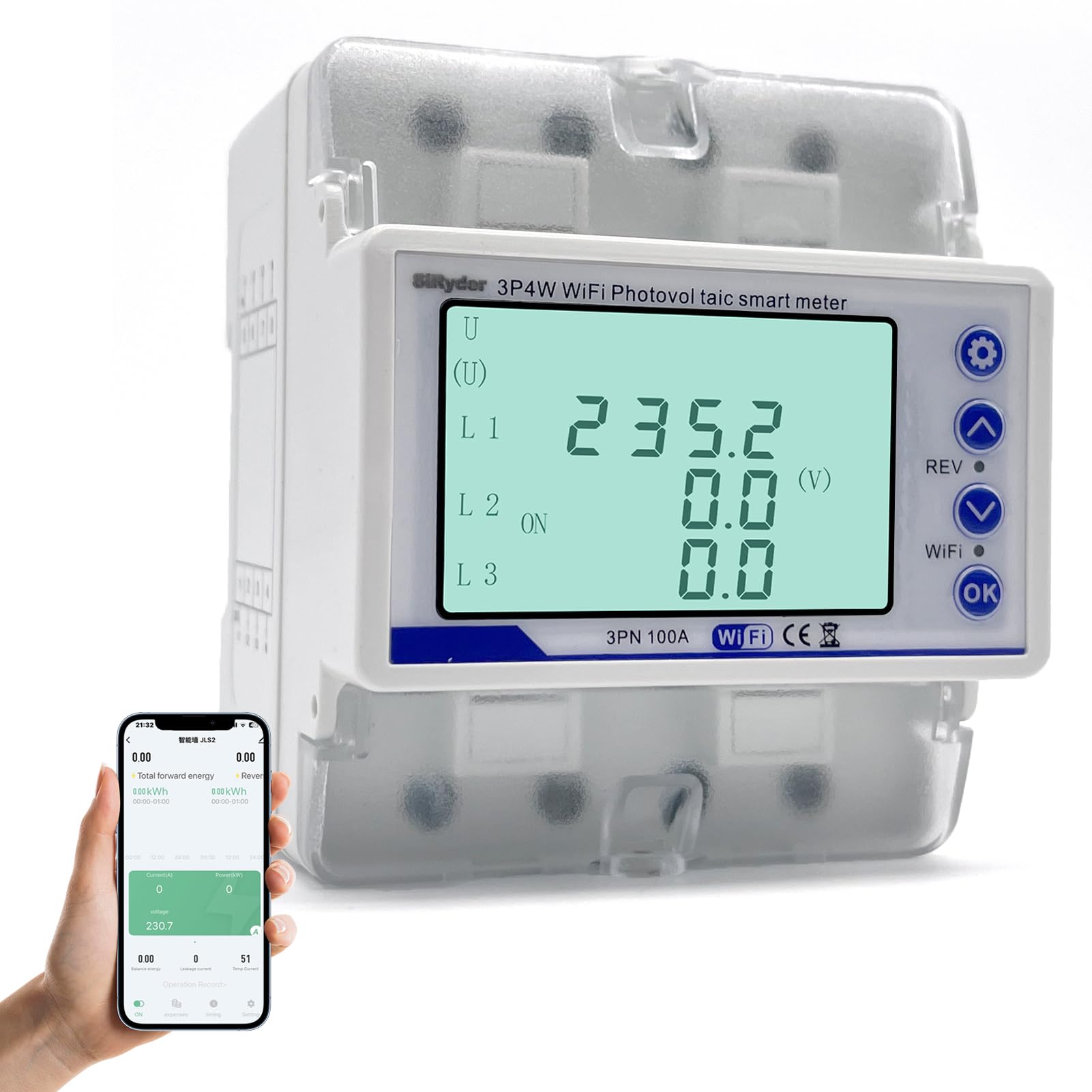 Contatore Energia Elettrica Wifi, 380VAC 100A Misuratore Consumo Elettrico WLAN Protezione di Richiusura Intelligente,Visualizzazione Energia Elettrica