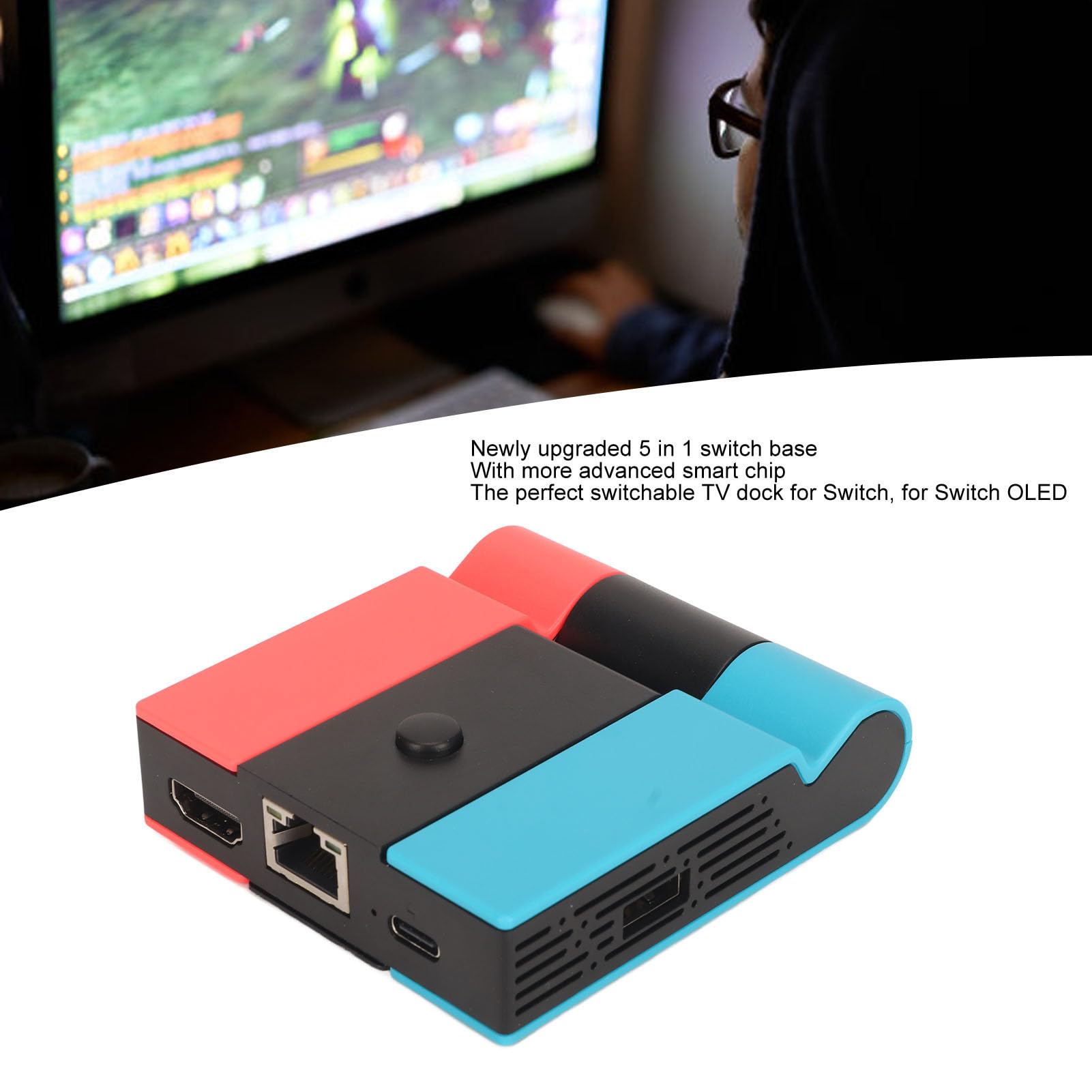 Przenośna stacja ładująca HDMI, stacja dokująca do telewizora do Nintendo Switch/OLED, z dodatkowym adapterem portu USB 3.0, podstawka ładująca (czerwono-niebieski)