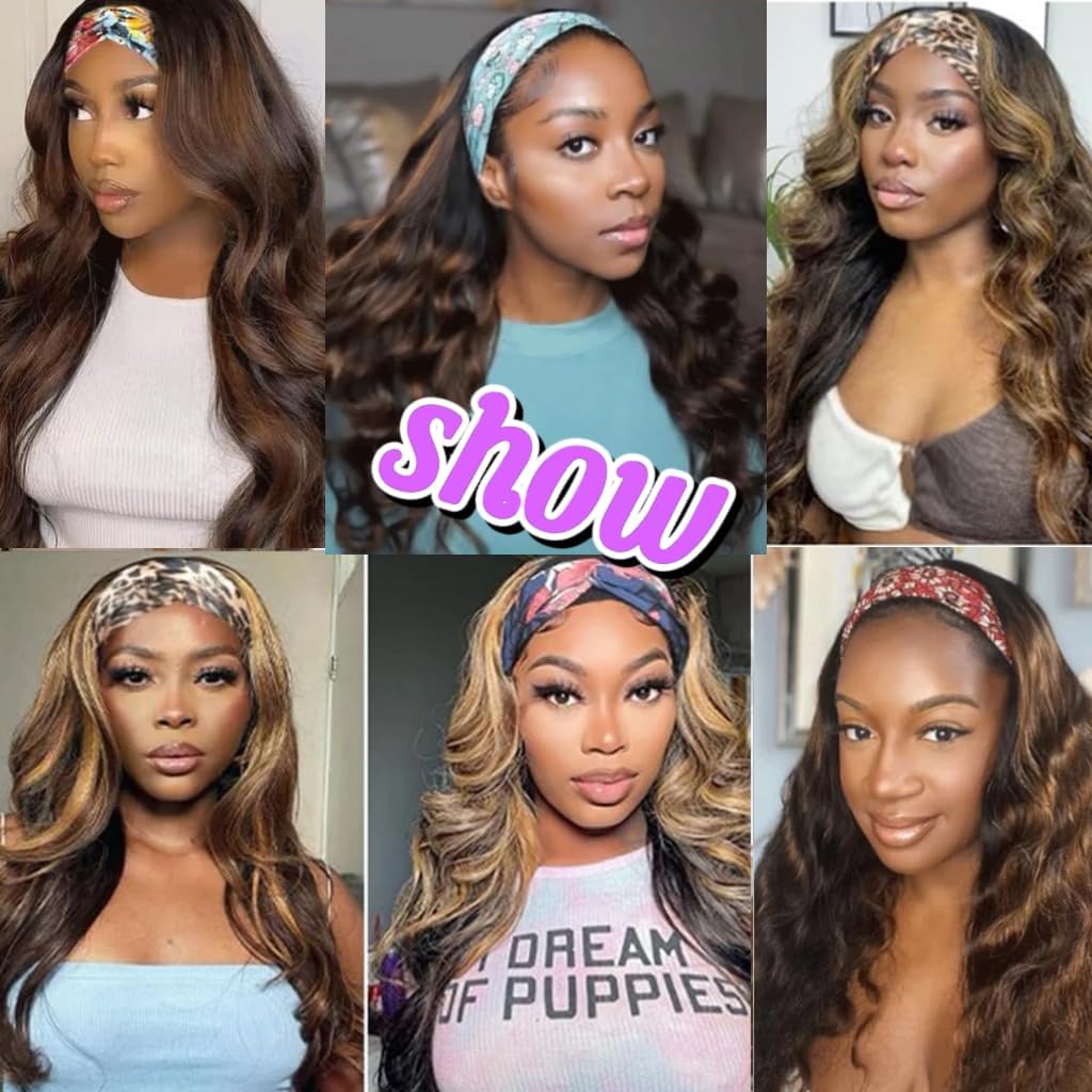 Headband Wig Human Hair Body Wave Headband Wigs for Black Women human hair 1b/30 color Wear and Go Glueless Wig 100% Brazilian Virgin Human Hair Headband wig 150% Density(18inch)