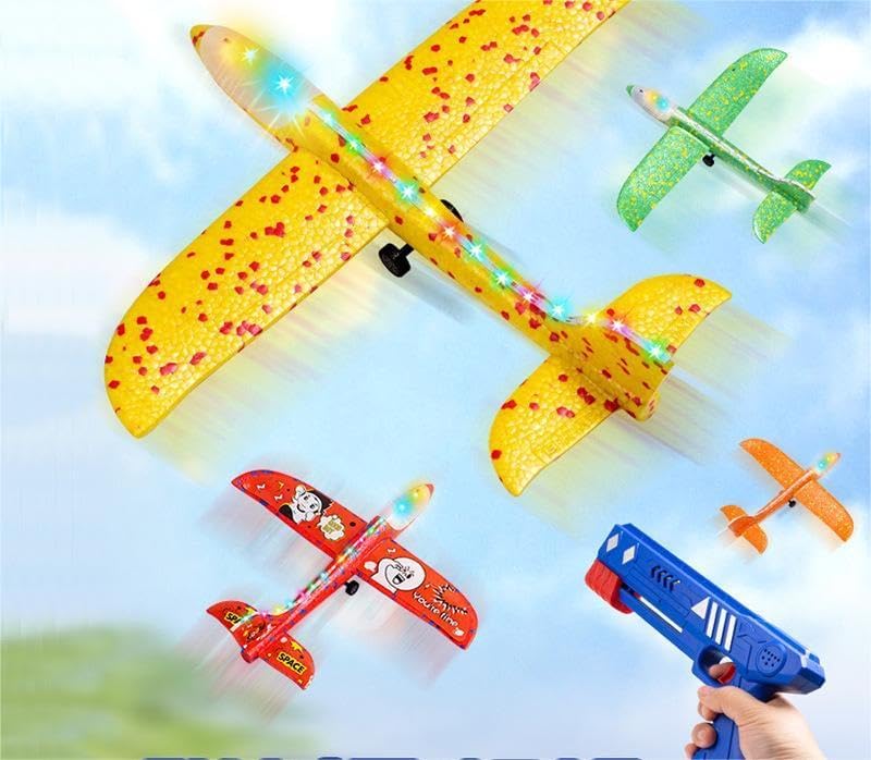 Foam Airplane Launcher Toy with LED Lights, 3 Pack Glider Planes with Gun, Kids Outdoor Flying Toy