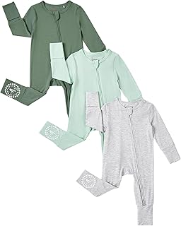 Conjunto de 3 mamelucos para bebés de 0 a 24 meses, de viscosa de bambú y con calentador de pies, en verde oliva, gris o azul marino, blanco y gris oscuro.