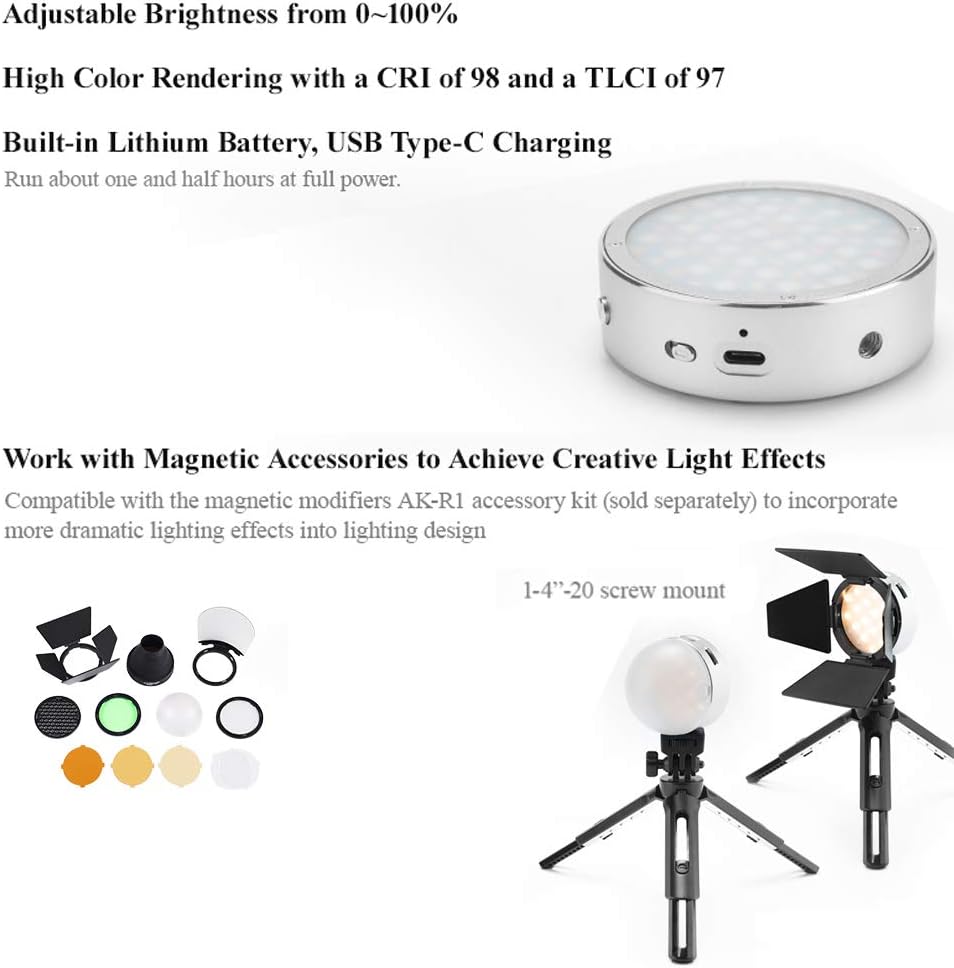 Best Review Godox R1 Round Full Color RGB Led Video Light, CRI 98 TLCI 97 Accurate Color, 2500K-8500K Adjustable, 14 FX Lighting Effects, with Music Mode, OLED Display, Magnetic Quick Installation (Silver) Exclusive Special Godox R1 Round Full Color RGB Led Video Light, CRI 98 TLCI 97 Accurate Color, 2500K-8500K Adjustable, 14 FX Lighting Effects, with Music Mode, OLED Display, Magnetic Quick Installation (Silver)
