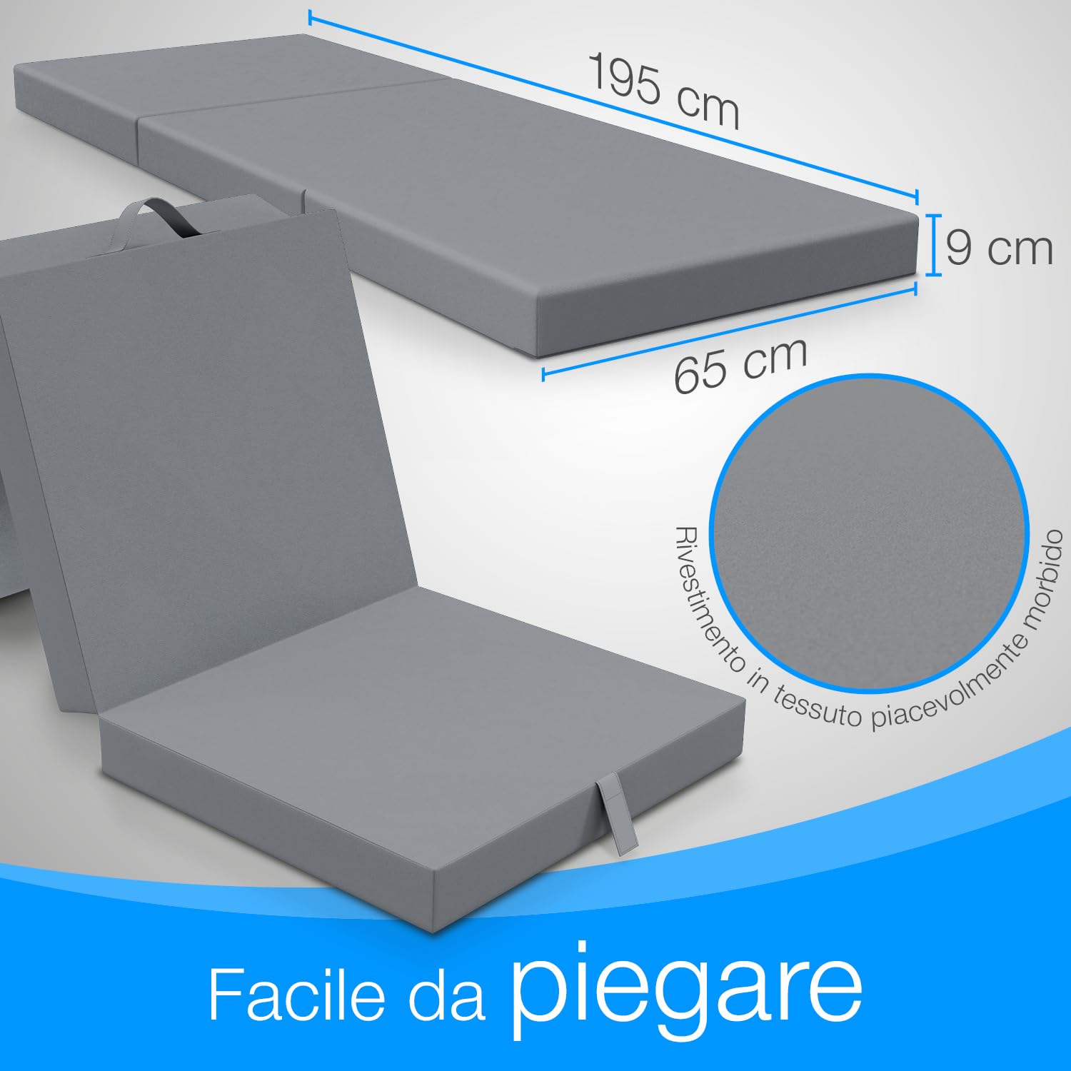ELONEO Materasso Pieghevole 65x195 cm, Altezza 9 cm, Materasso Pieghevole per Bambini, Materasso Supplementare Pieghevole, Materasso da Viaggio per Bambini e Adulti, Ideale per Viaggi e Campeggio
